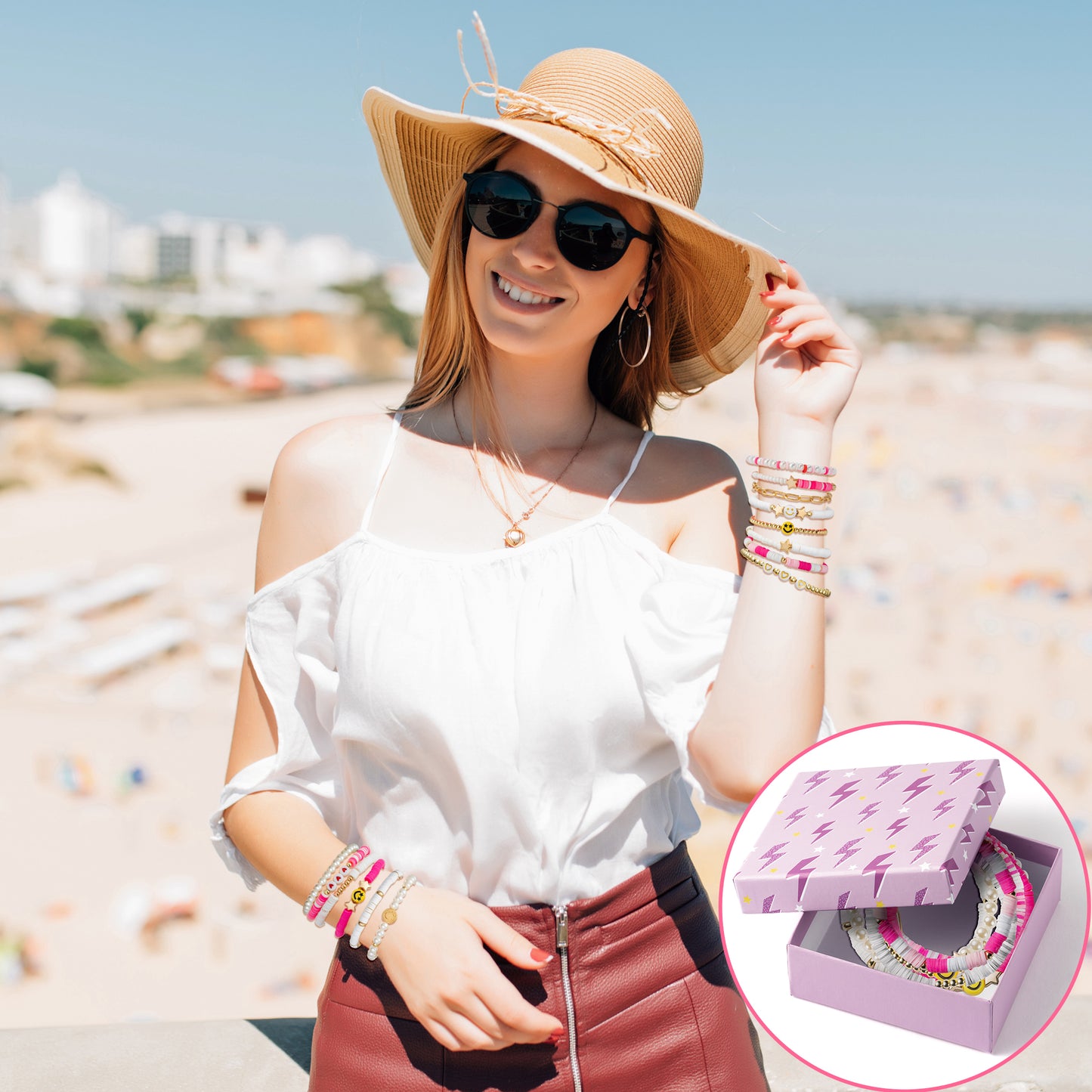 LieToi 14Pcs Preppy Heishi Bracelets Kit Hot Pink and White Gold Smile Heart Star Beaded Surfer Bracelets Polymer Clay Pearl Stackable Disc Summer Beach Layering Bracelets Y2K Kidcore Stretch Jewelry