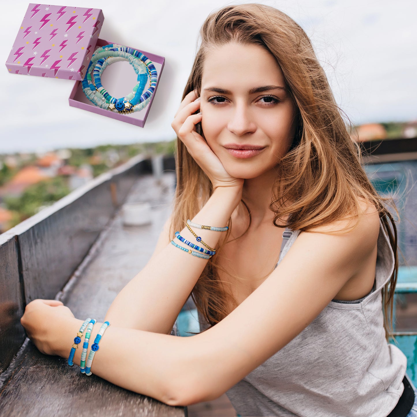 LieToi 7Pcs Preppy Heishi Bracelets Blue Smile Evil Eye Star Beaded Surfer Bracelets Polymer Clay Stackable Disc Summer Beach Layering Bracelets Y2K Stretch Boho Jewelry for Women Girls