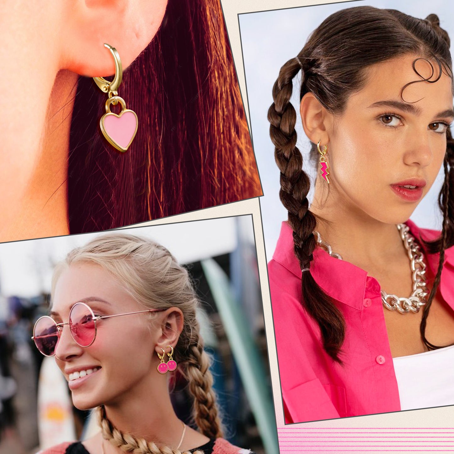 LieToi Preppy Heishi Bracelets and Earrings Kit Hot Pink Polymer Clay Stackable Disc Summer Beach Surfer Bracelets Preppy Charms Pendants Huggie Hoop Dangle Earrings Y2K Jewelry for Women Girls Gift