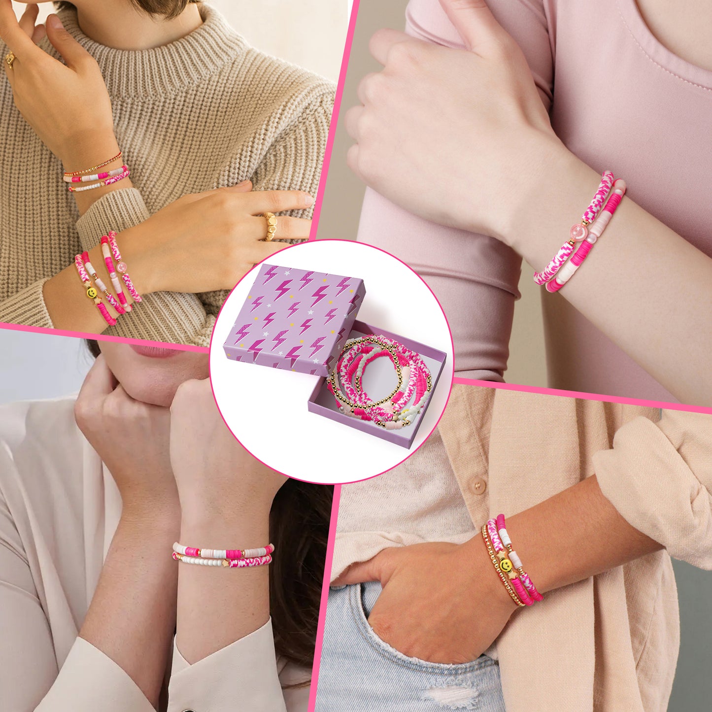 LieToi 7Pcs Preppy Heishi Bracelets Hot Pink Smile Star Beaded Surfer Bracelets Polymer Clay Stackable Disc Summer Beach Layering Bracelets Y2K Stretch Boho Jewelry Gift for Women Girls