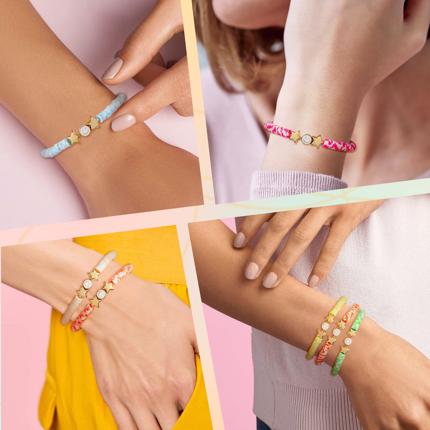 LieToi 7Pcs Preppy Heishi Bracelets Candy Color Smile Star Beaded Surfer Bracelets Polymer Clay Stackable Disc Summer Beach Layering Bracelets Y2K Stretch Boho Jewelry Gift for Women Girls