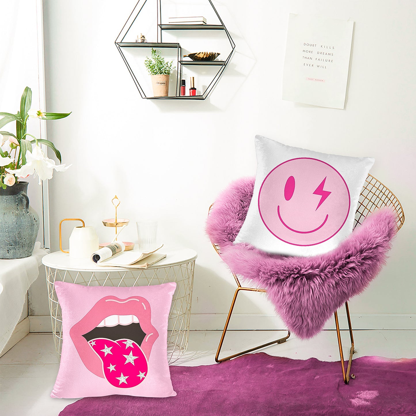 LieToi 2Pcs Preppy Velvet Pillow Covers Soft Hot Pink and White Square Cushion Case Covers Printed with Smile Lip Pattern Room Aesthetic Decor Pillow Cases for Dormitory Sofa Home Car 18 x 18 Inch