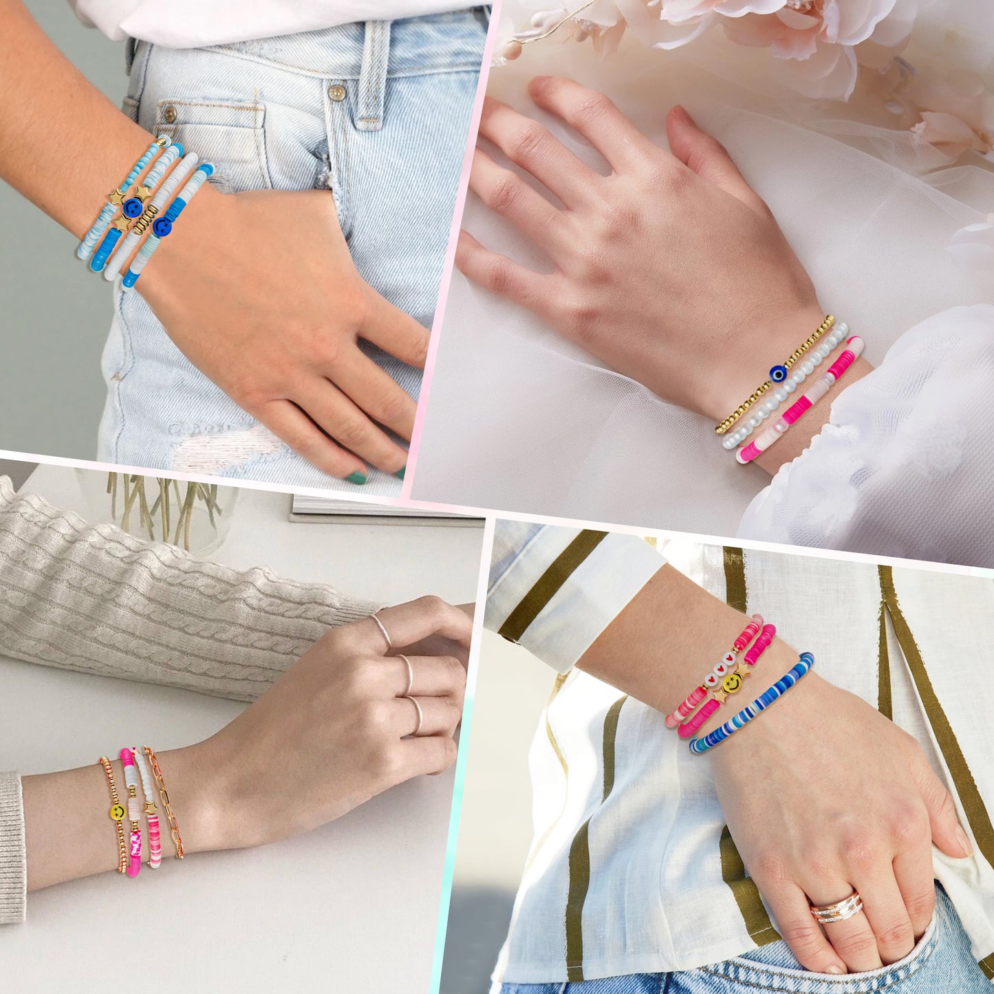 LieToi 14Pcs Preppy Heishi Bracelets Blue Pink Smile Star Heart Beaded Surfer Bracelets Polymer Clay Stackable Disc Summer Beach Layering Bracelets Y2K Stretch Boho Jewelry for Women Girls