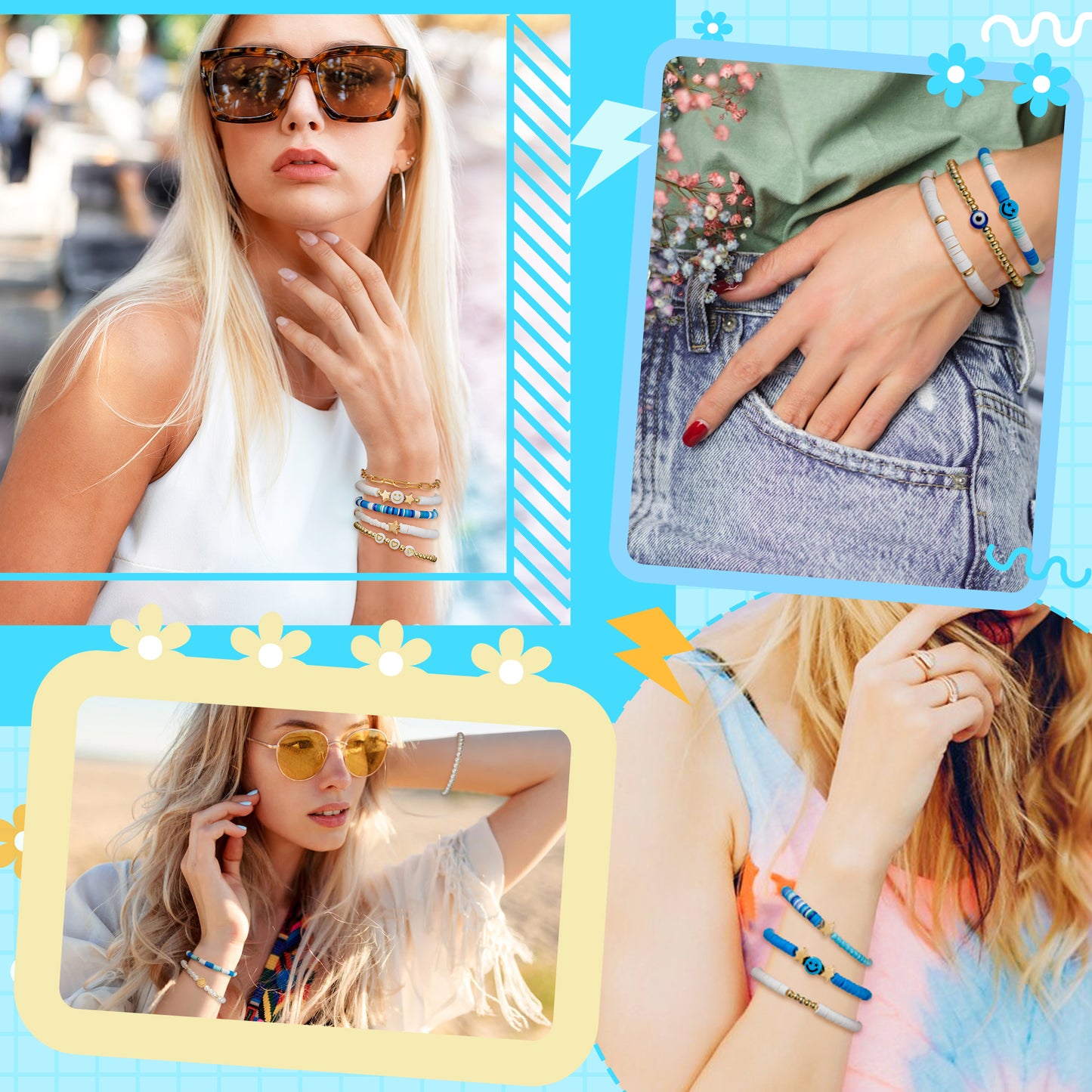 LieToi 14Pcs Preppy Heishi Bracelets Kit Sky Blue and White Smile Evil Eye Heart Star Beaded Surfer Bracelets Polymer Clay Pearl Stackable Disc Summer Beach Layering Bracelets Y2K Stretch Jewelry