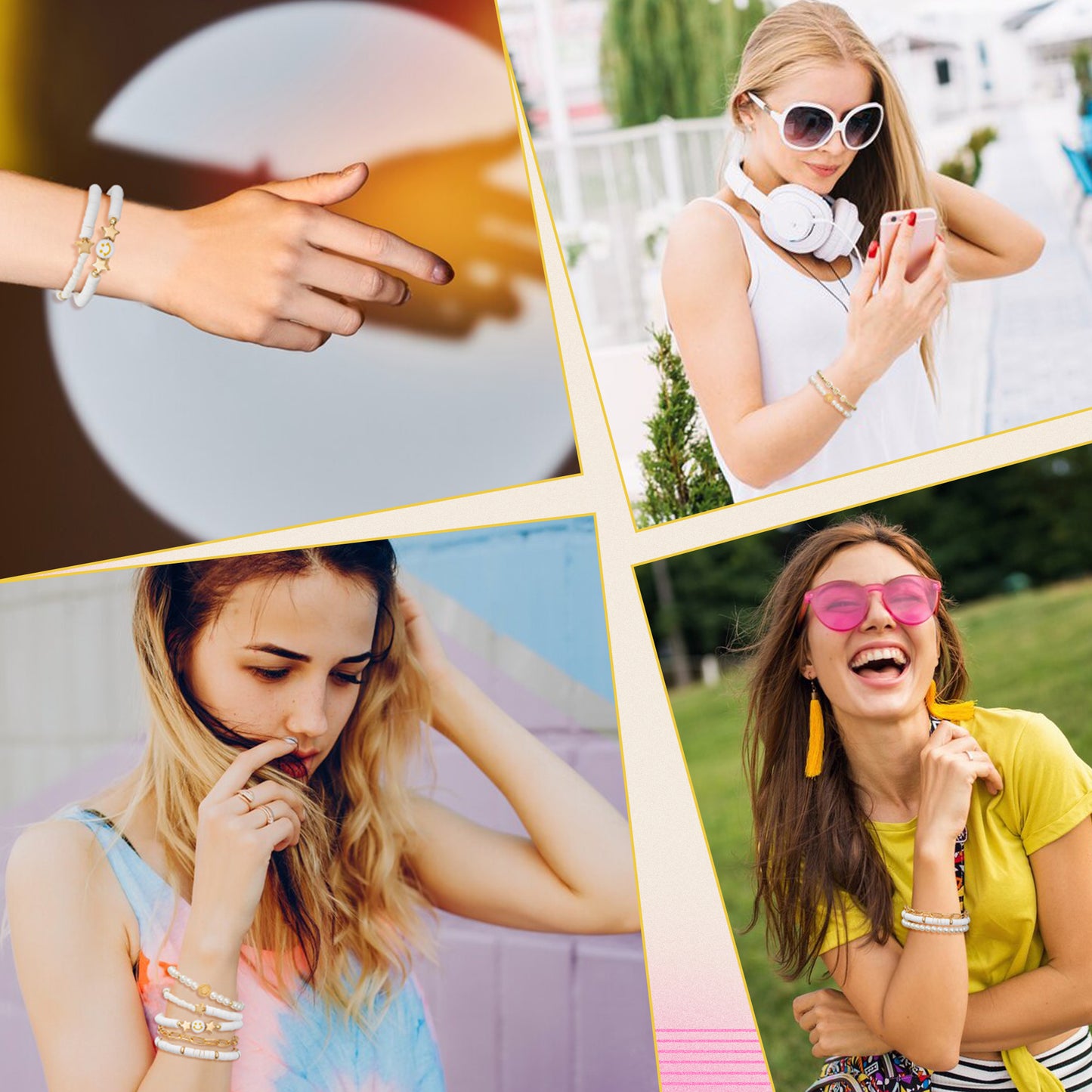 LieToi Preppy Heishi Bracelets and Earrings Kit White Polymer Clay Stackable Disc Summer Beach Surfer Bracelets Preppy Charms Pendants Huggie Hoop Dangle Earrings Y2K Boho Jewelry for Women Girls Gift