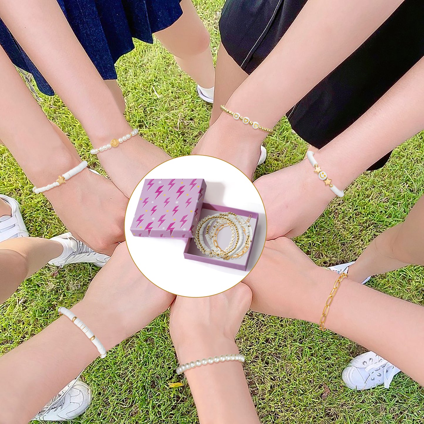 LieToi 7Pcs Preppy Heishi Bracelets Kit White Gold Smile Heart Star Beaded Surfer Bracelets Polymer Clay Pearl Stackable Disc Summer Beach Layering Bracelets Y2K Stretch Boho Jewelry for Women Girls