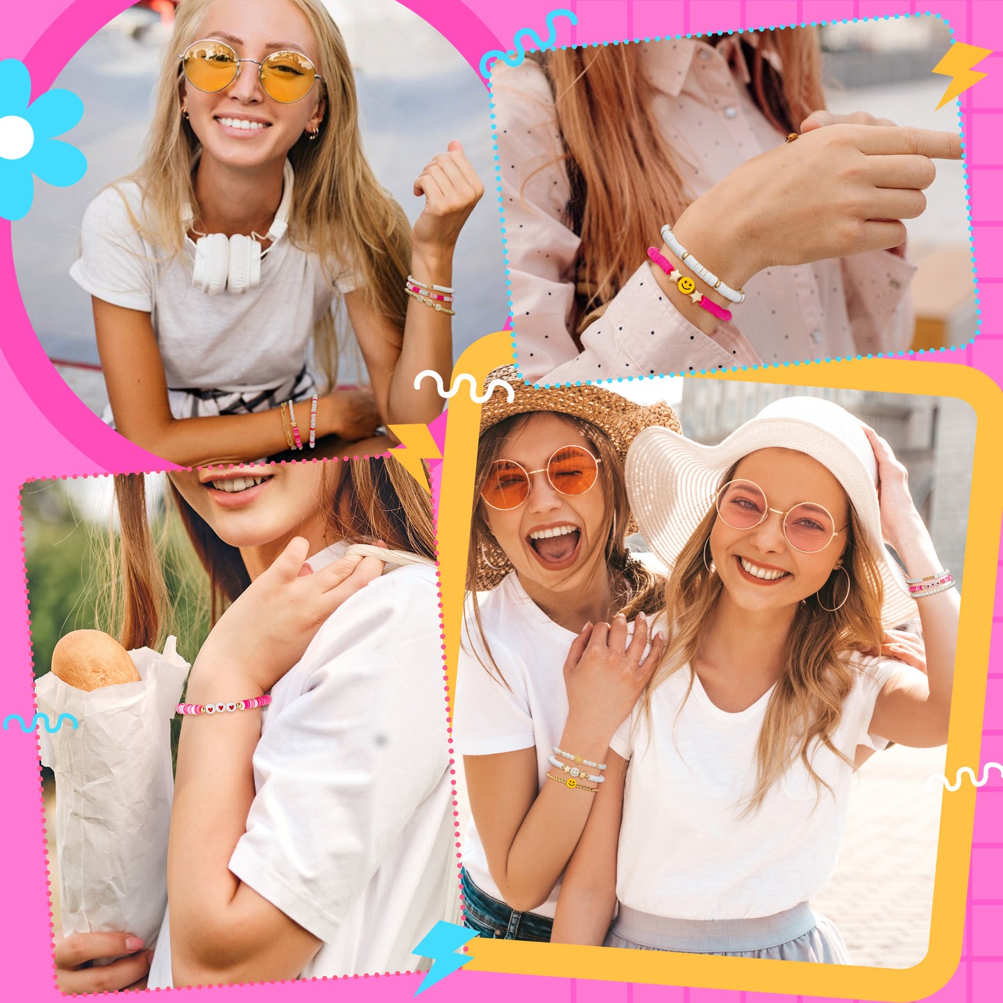 LieToi 14Pcs Preppy Heishi Bracelets Kit Hot Pink and White Gold Smile Heart Star Beaded Surfer Bracelets Polymer Clay Pearl Stackable Disc Summer Beach Layering Bracelets Y2K Kidcore Stretch Jewelry