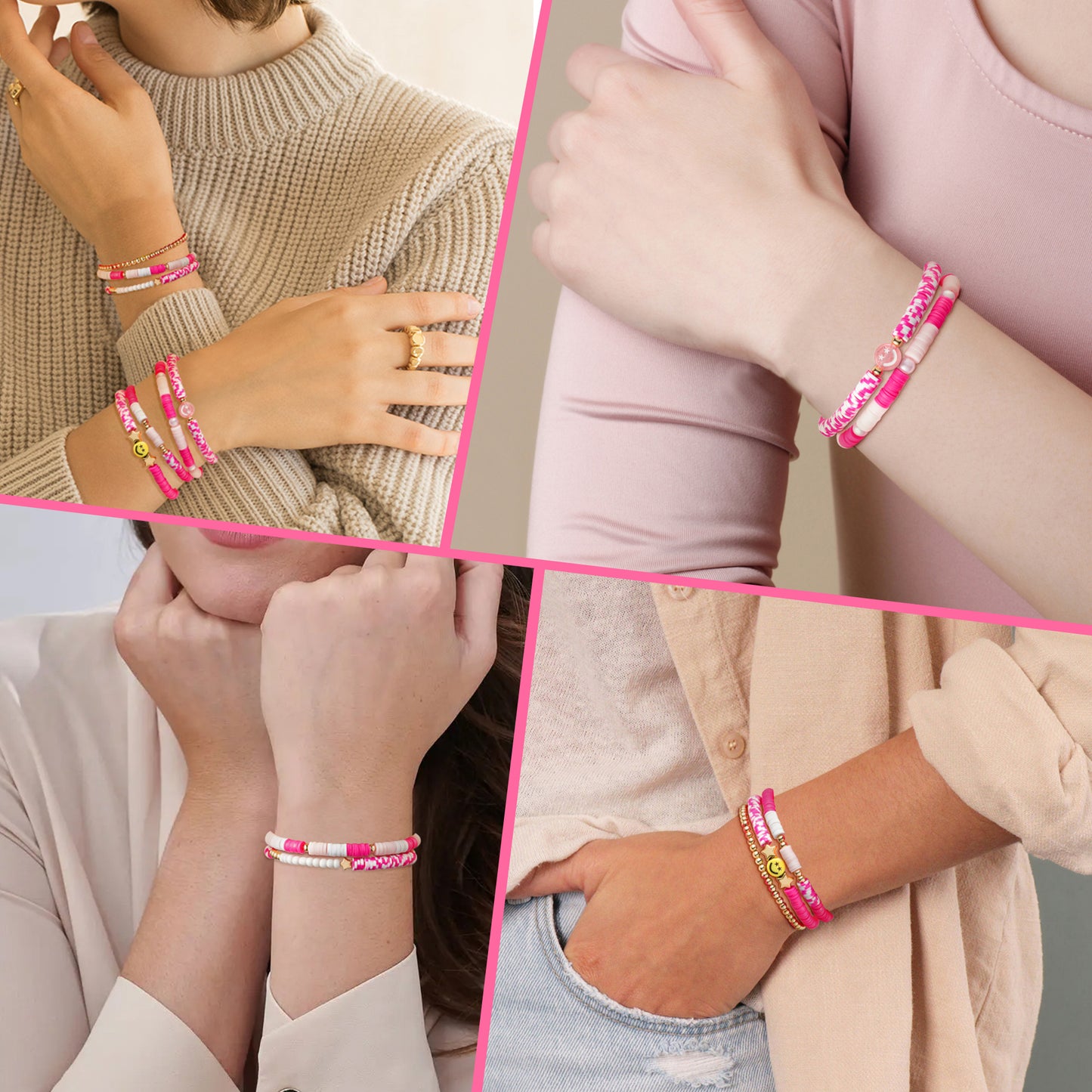 LieToi 7Pcs Preppy Heishi Bracelets Hot Pink Smile Star Beaded Surfer Bracelets Polymer Clay Stackable Disc Summer Beach Layering Bracelets Y2K Stretch Boho Jewelry Gift for Women Girls