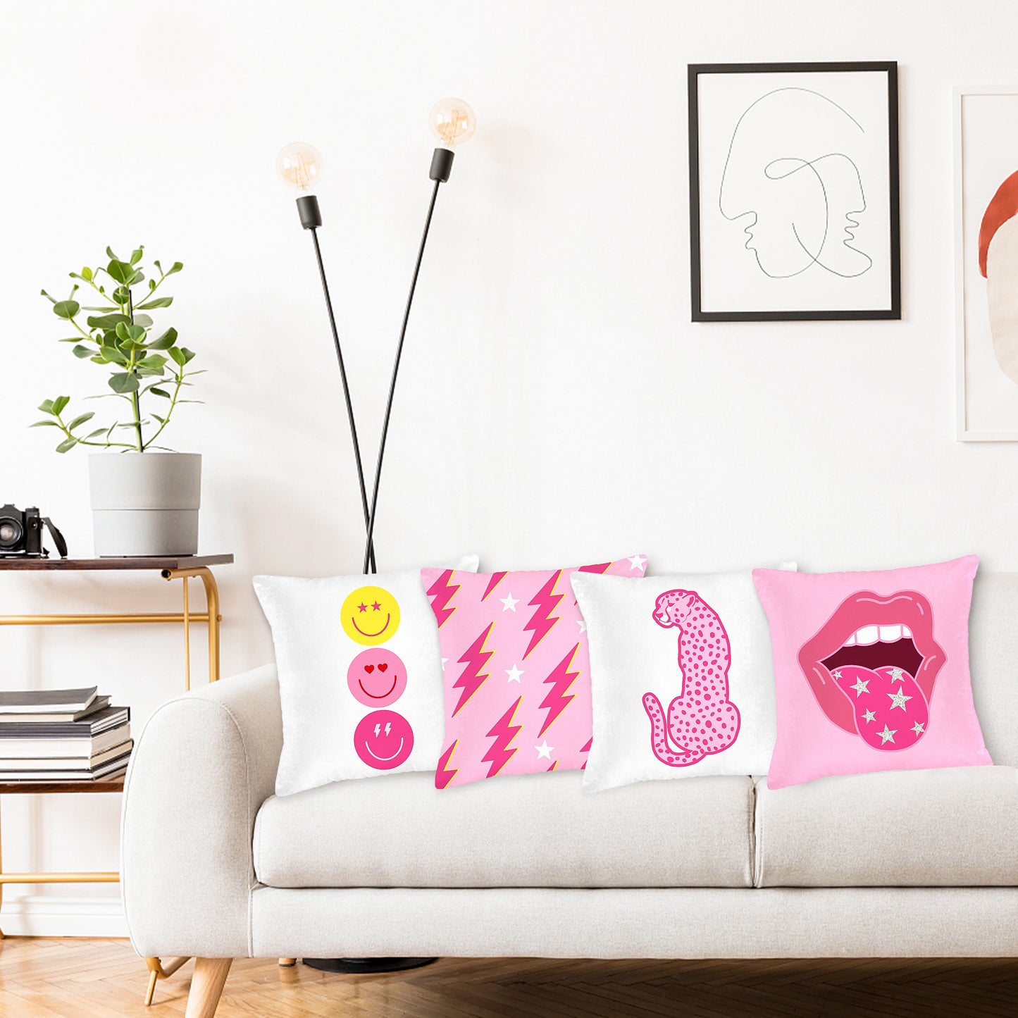 LieToi 4Pcs Preppy Velvet Pillow Covers Soft Hot Pink and White Square Cushion Case Covers Smile Lip Leopard Lightning Bolt Pattern Room Aesthetic Decor Pillow Cases for Dormitory Sofa 18 x 18 Inch