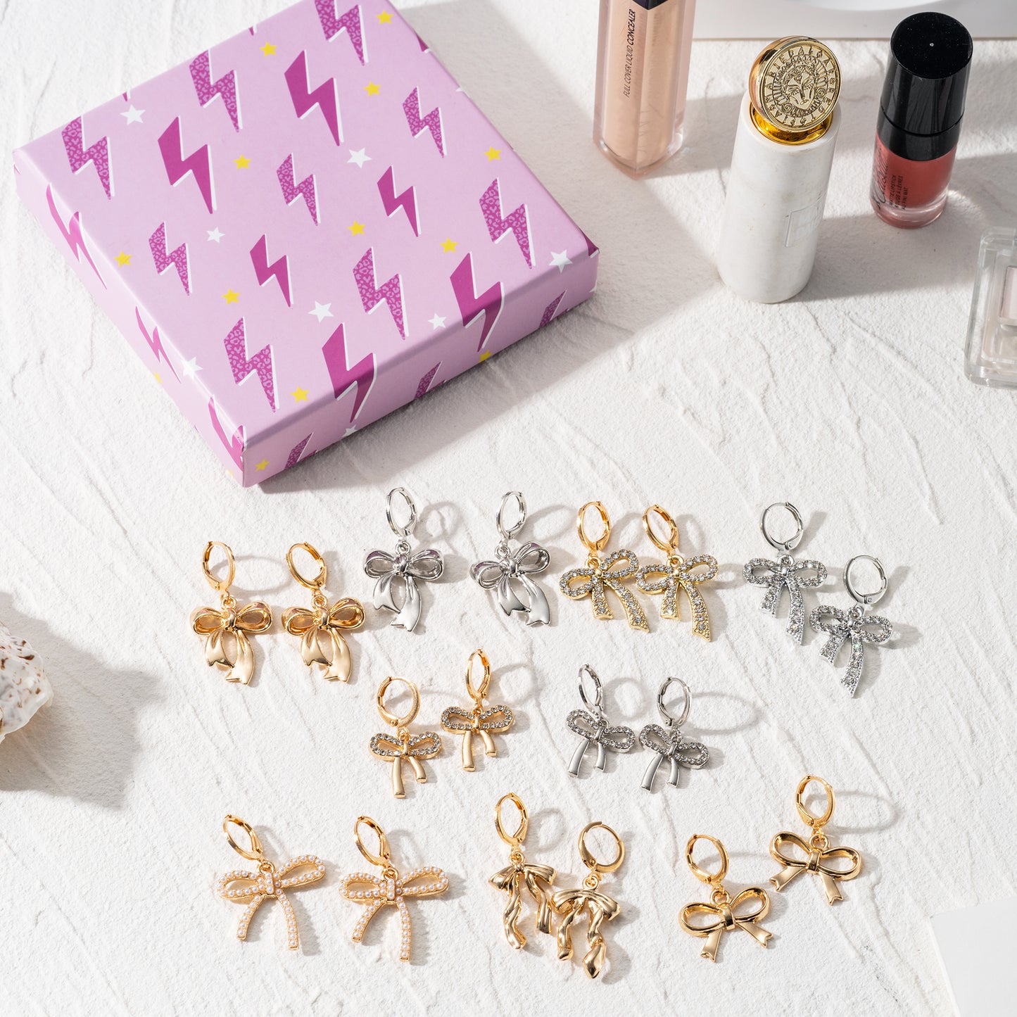 LieToi 9 Pairs Gold Rhinestone Bow Earrings for Women - Coquette Bowknot Hoop Drop Dangle Earrings Charms Silver Bow Trendy Stuff Bridal Shower Birthday Valentine’s Day Daily Gift