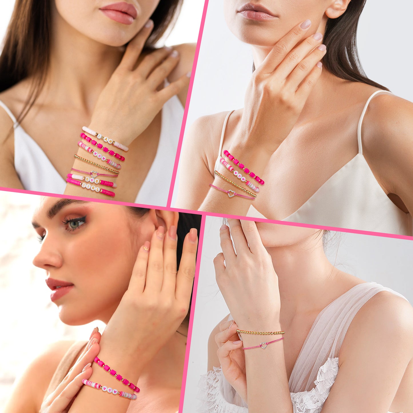 LieToi 7Pcs Preppy Heishi Bracelets Kit Pink Heart Beaded Surfer Bracelets Braided Rope Charms Polymer Clay Stackable Disc Summer Beach Layering Bracelets Y2K Stretch Boho Jewelry for Women Girls