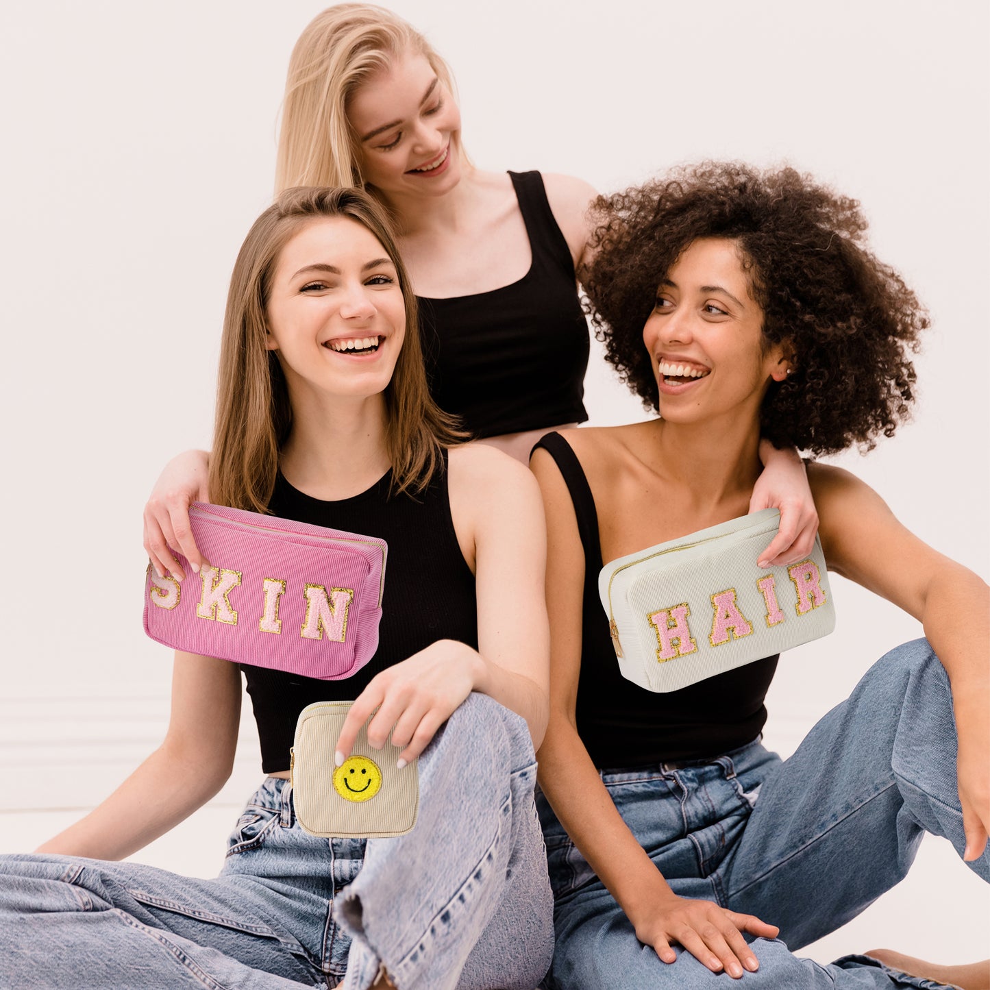 LieToi 3Pcs Preppy Corduroy Makeup Bags Set, SKIN HAIR Chenille Letter Patch Cosmetic Bag Portable Toiletry Bag Large Capacity Storage Zipper Purse Travel Organizer Bag for Women Girls