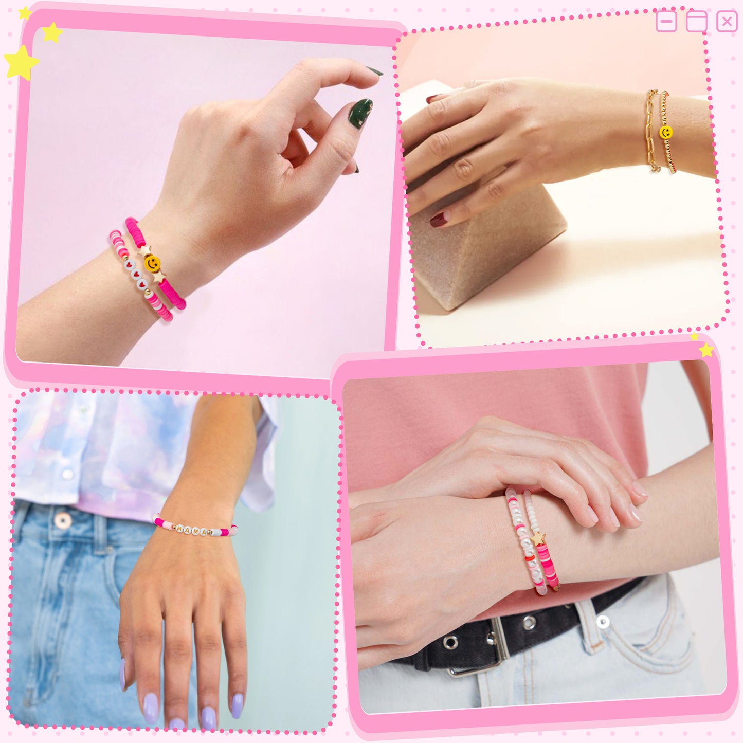 LieToi 7Pcs Preppy MAMA Heishi Bracelets Set Hot Pink Smile Heart Star Beaded Surfer Bracelets Gifts for Mom Polymer Clay Pearl Stackable Summer Beach Boho Layering Stretch Birthday Mothers Day Gifts