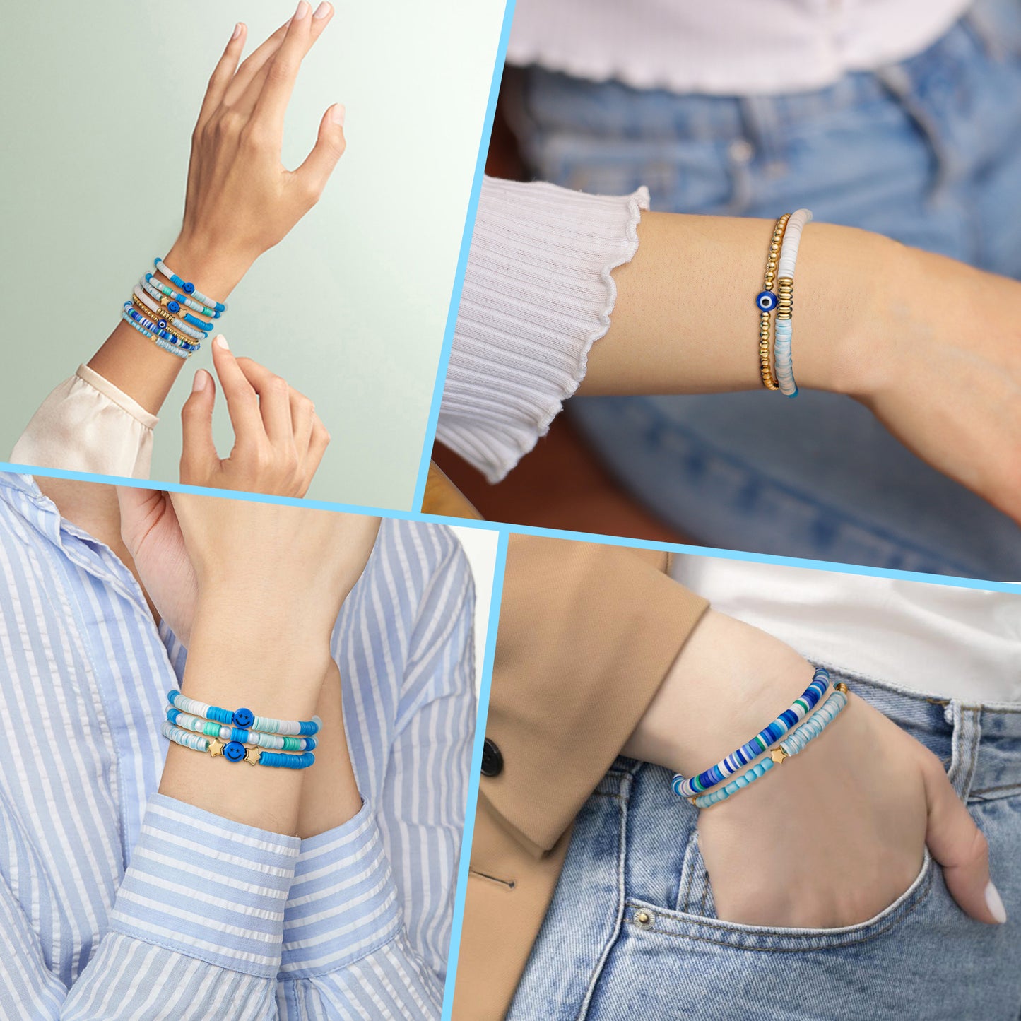 LieToi 7Pcs Preppy Heishi Bracelets Blue Smile Evil Eye Star Beaded Surfer Bracelets Polymer Clay Stackable Disc Summer Beach Layering Bracelets Y2K Stretch Boho Jewelry for Women Girls