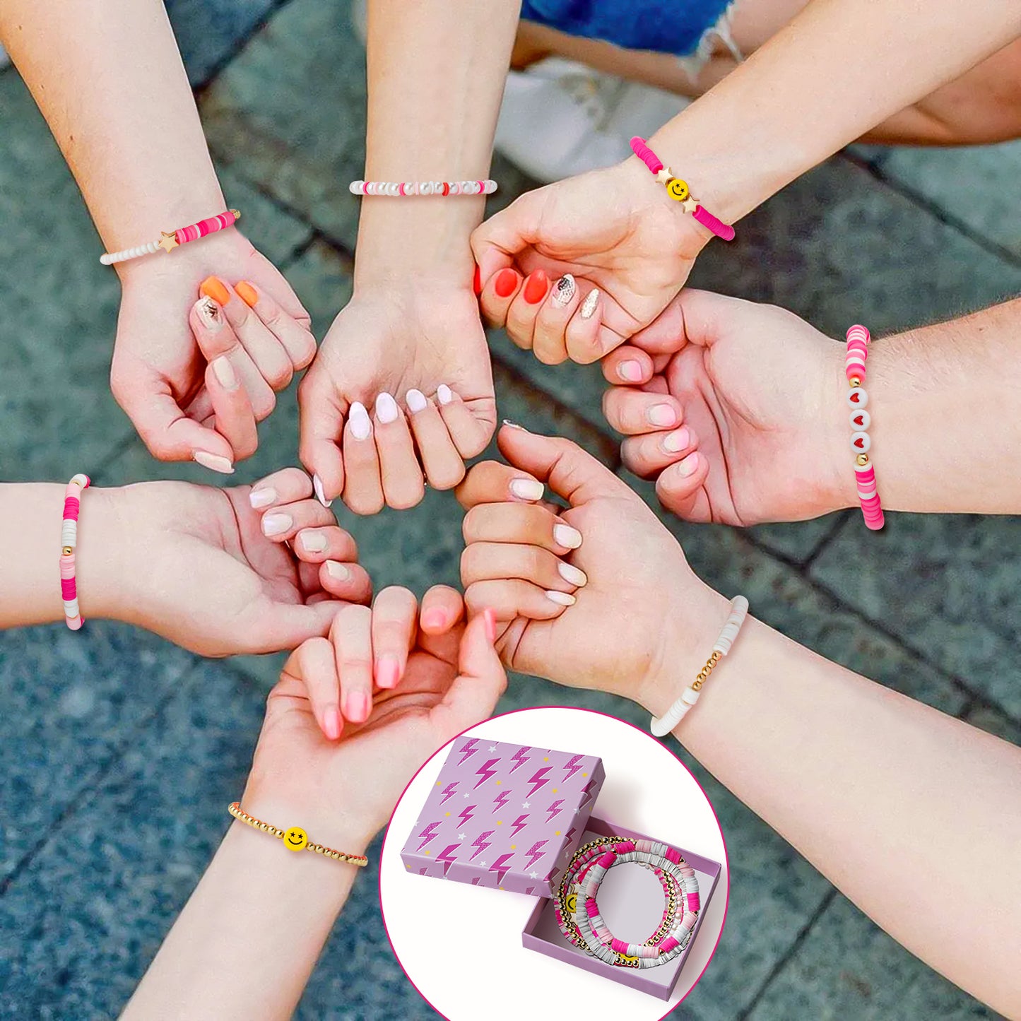 LieToi 7Pcs Preppy Heishi Bracelets Kit Hot Pink Smile Heart Star Beaded Surfer Bracelets Polymer Clay Pearl Stackable Disc Summer Beach Layering Bracelets Y2K Stretch Boho Jewelry for Women Girls