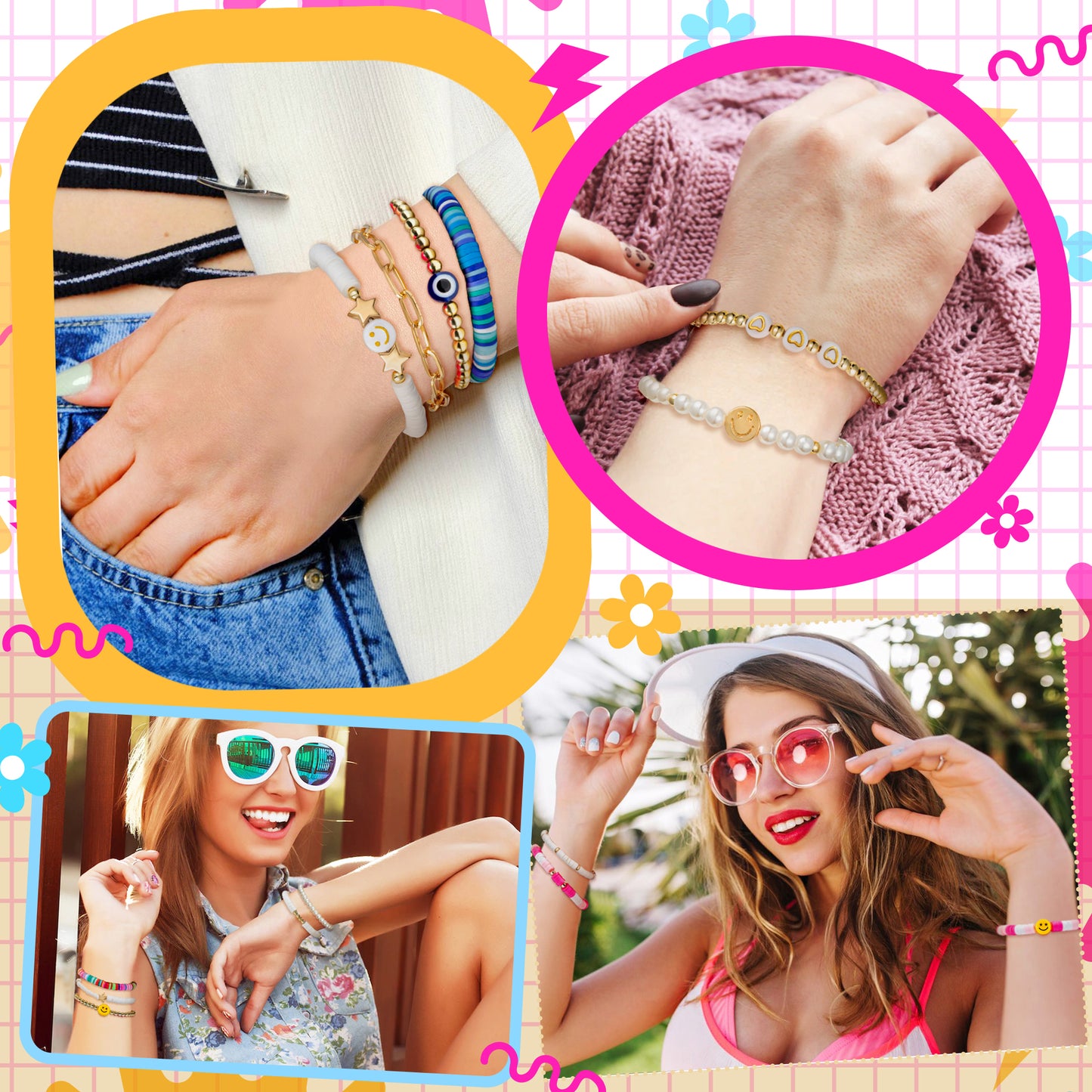 LieToi 14Pcs Preppy Heishi Bracelets Kit Mixed Color and White Smile Evil Eye Heart Star Beaded Surfer Bracelets Polymer Clay Pearl Stackable Disc Summer Beach Layering Bracelets Y2K Boho Jewelry