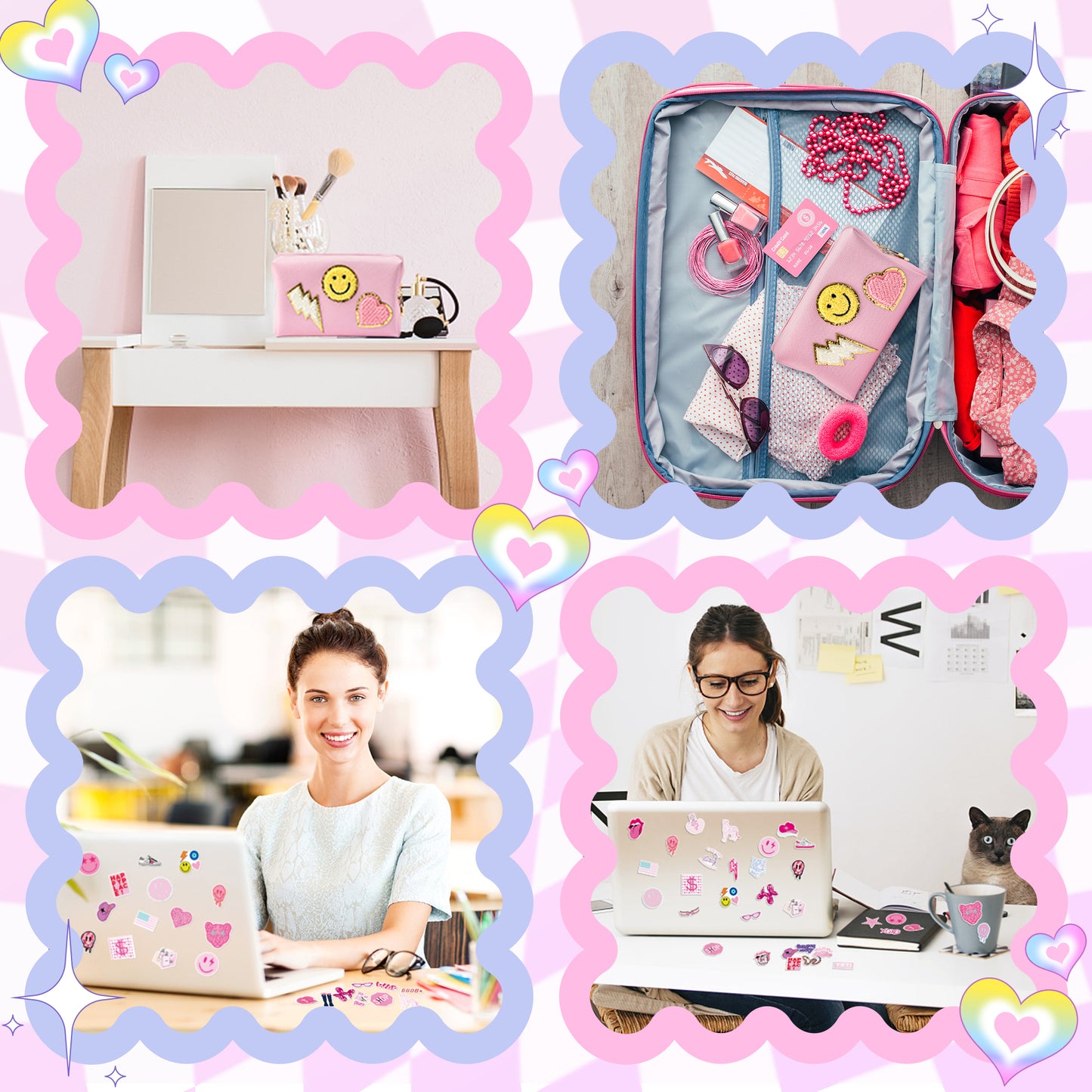 LieToi 64Pcs Preppy Stuff Set Smile Heart Patch Pink Toiletry Cosmetic Bag Heishi Surfer Bracelets Cute Small Hoop Dangle Earrings Aesthetic Preppy Style Stickers Decals Gifts for Girls Yourself