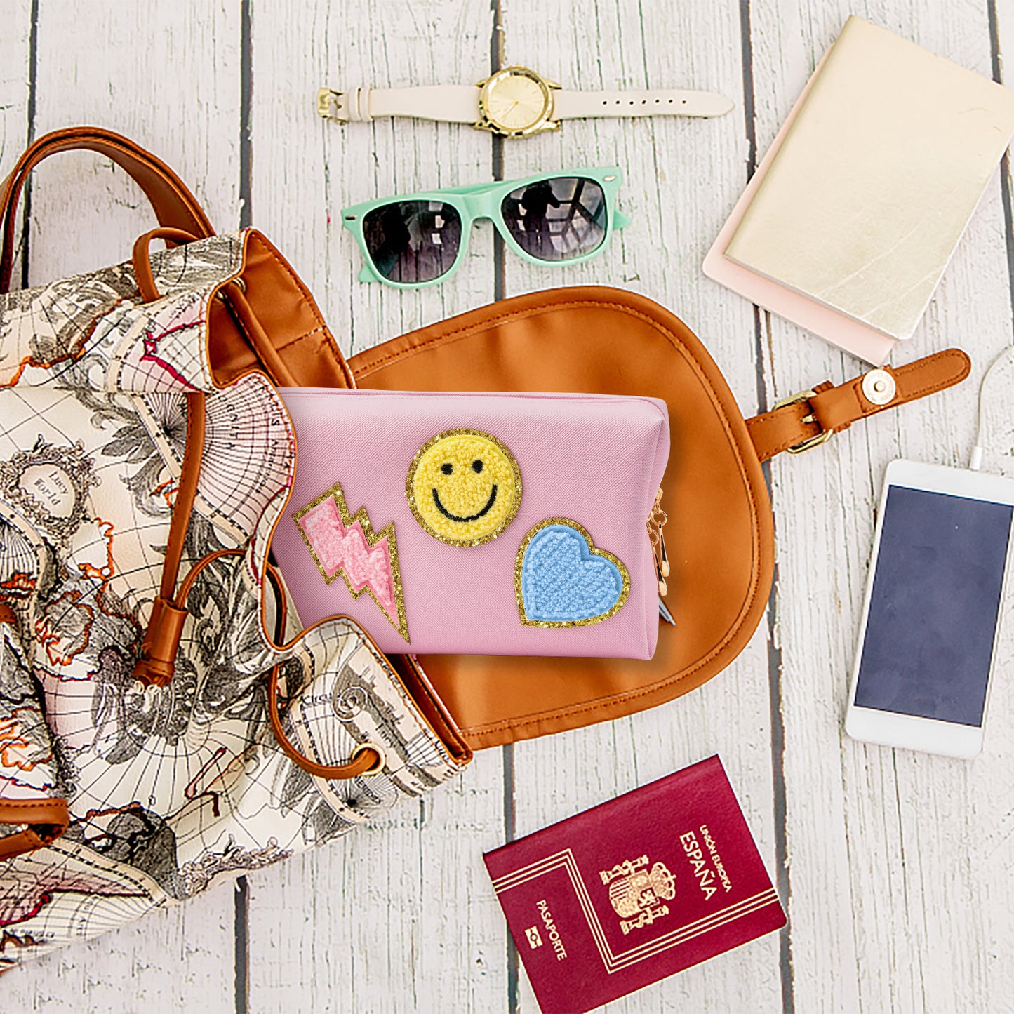 LieToi Preppy Patch Small Toiletry Bag, Smile Lightning Heart PU Leather Portable Waterproof Makeup Cosmetic Bag Daily Use Storage Purse Travel Organizer Compliant Bag for Women Girls (Blue Heart)