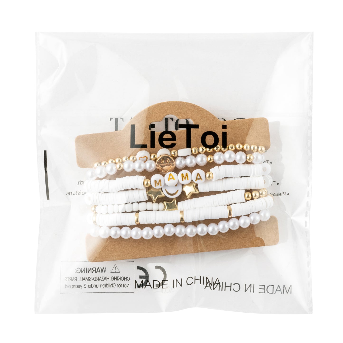 LieToi 7Pcs Preppy MAMA Heishi Bracelets Set White Smile Heart Star Beaded Surfer Bracelets Gifts for Mom Polymer Clay Pearl Stackable Summer Beach Boho Layering Stretch Birthday Mothers Day Gifts