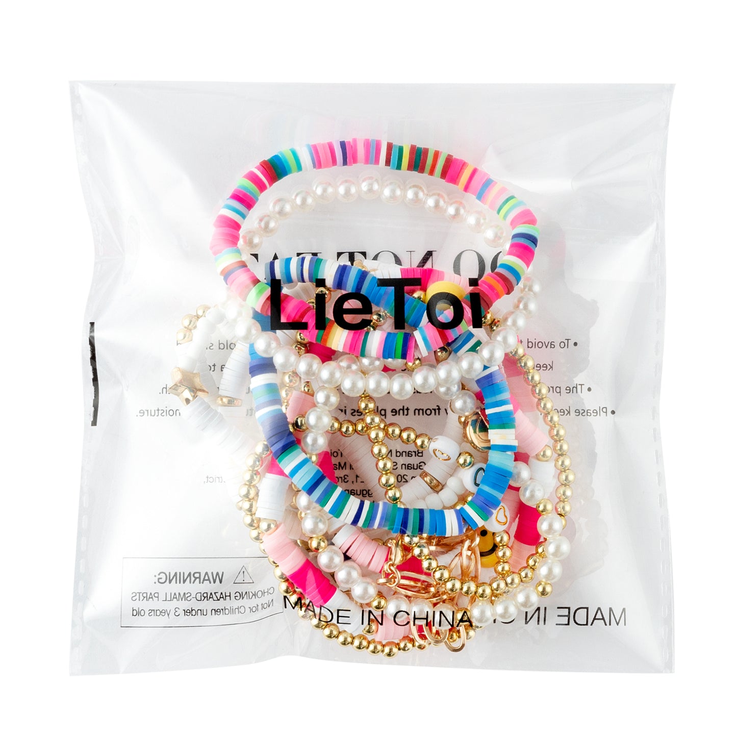 LieToi 14Pcs Preppy Heishi Bracelets Kit Mixed Color and White Smile Evil Eye Heart Star Beaded Surfer Bracelets Polymer Clay Pearl Stackable Disc Summer Beach Layering Bracelets Y2K Boho Jewelry