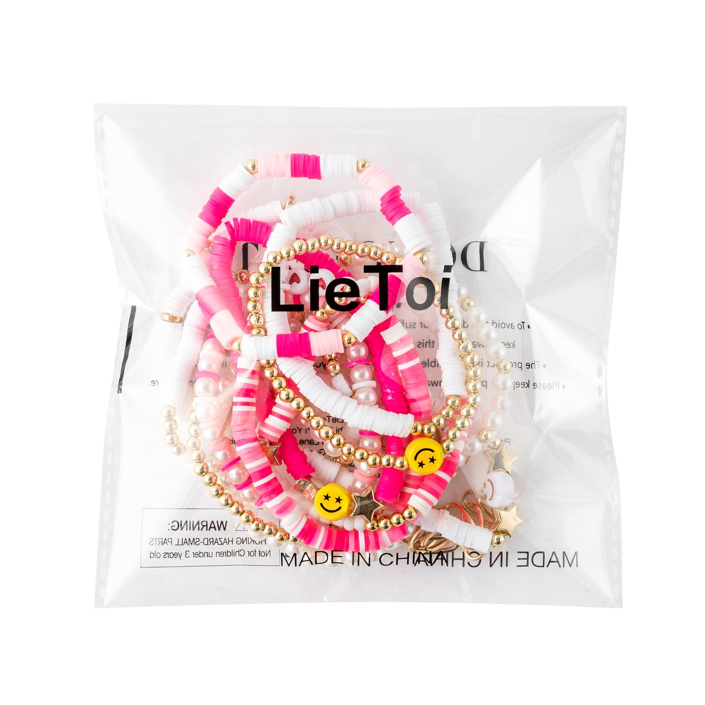 LieToi 14Pcs Preppy Heishi Bracelets Kit Hot Pink and White Gold Smile Heart Star Beaded Surfer Bracelets Polymer Clay Pearl Stackable Disc Summer Beach Layering Bracelets Y2K Kidcore Stretch Jewelry