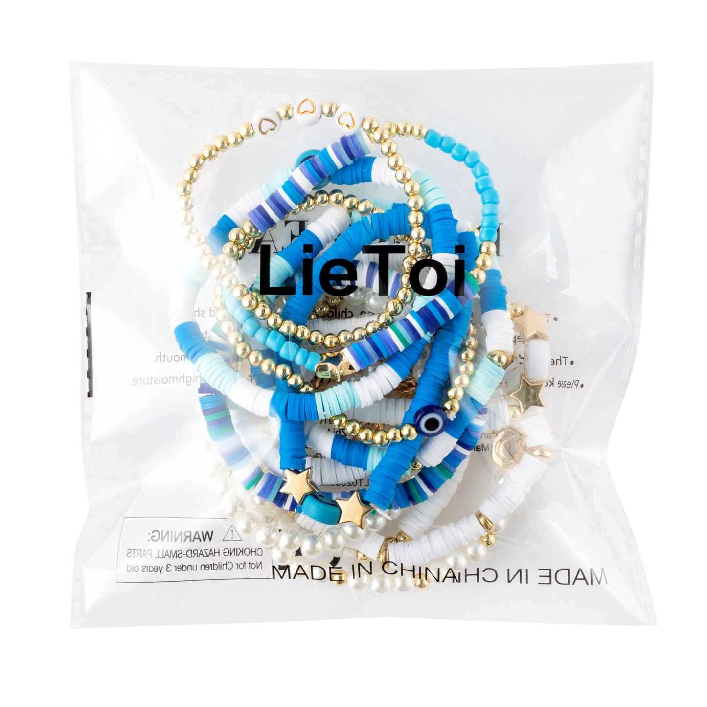 LieToi 14Pcs Preppy Heishi Bracelets Kit Sky Blue and White Smile Evil Eye Heart Star Beaded Surfer Bracelets Polymer Clay Pearl Stackable Disc Summer Beach Layering Bracelets Y2K Stretch Jewelry