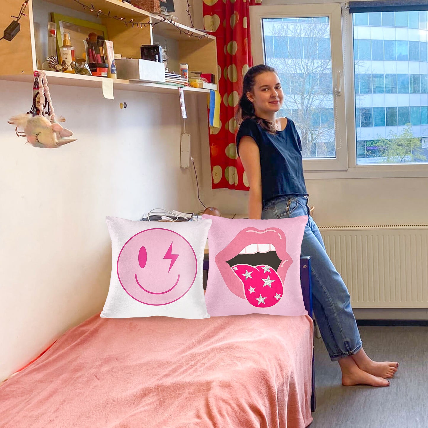 LieToi 2Pcs Preppy Velvet Pillow Covers Soft Hot Pink and White Square Cushion Case Covers Printed with Smile Lip Pattern Room Aesthetic Decor Pillow Cases for Dormitory Sofa Home Car 18 x 18 Inch