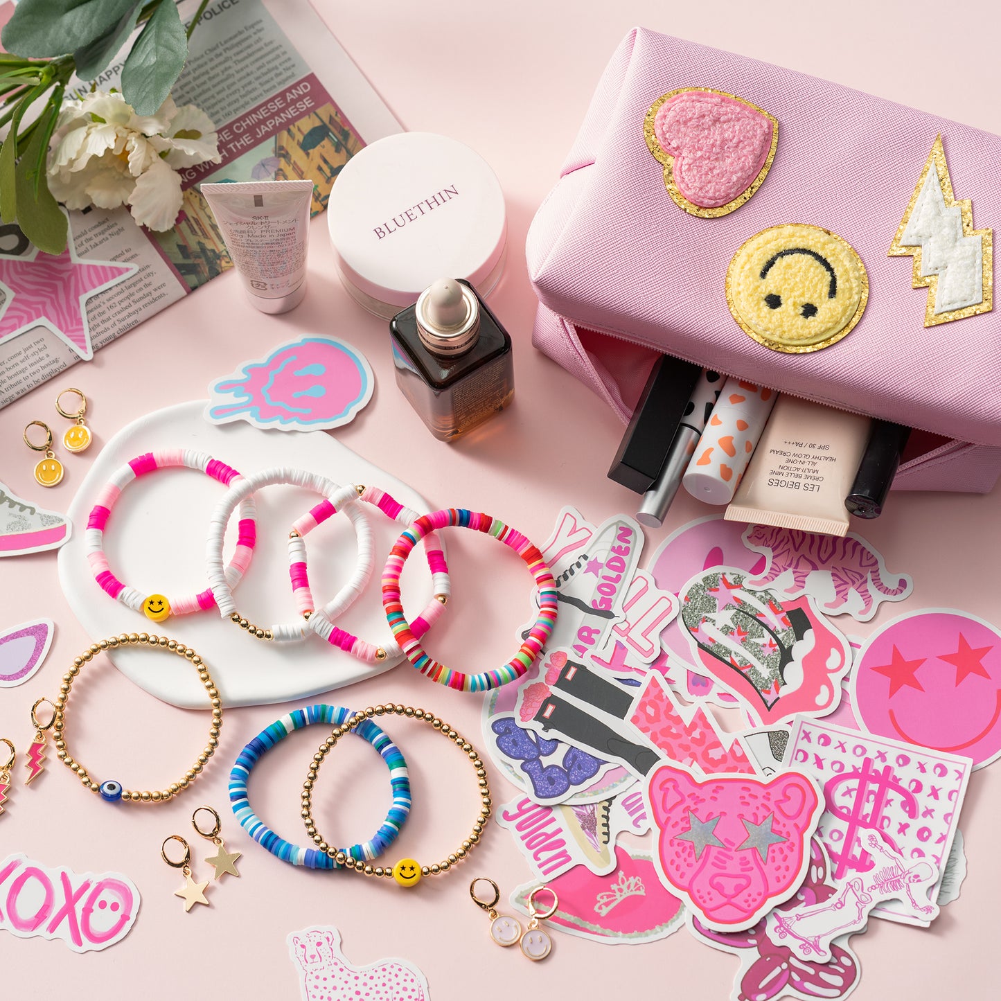 LieToi 64Pcs Preppy Stuff Set Smile Heart Patch Pink Toiletry Cosmetic Bag Heishi Surfer Bracelets Cute Small Hoop Dangle Earrings Aesthetic Preppy Style Stickers Decals Gifts for Girls Yourself