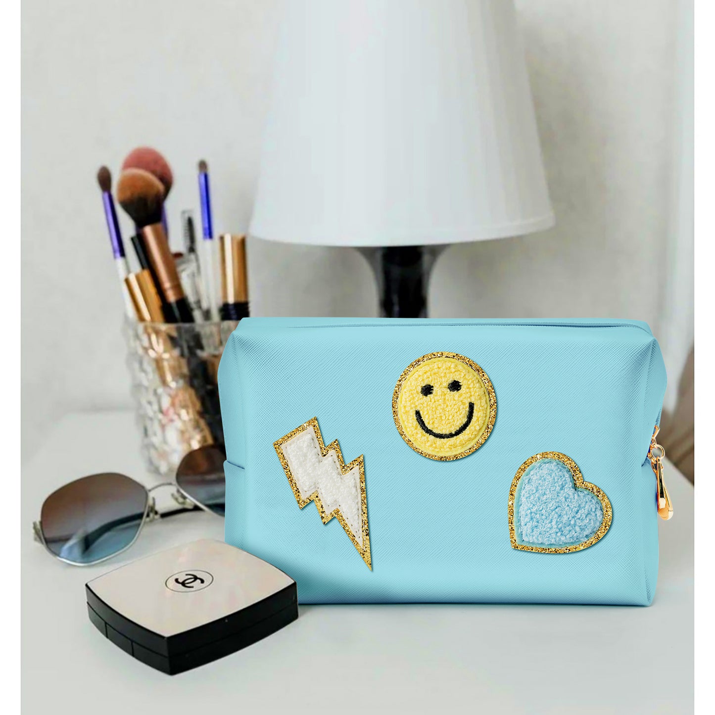 LieToi Preppy Patch Cosmetic Toiletry Bag, PU Leather Portable Waterproof Makeup Bag Smile Lightning Heart Organizer Compliant Bag Daily Travel Use Storage Purse for Women Girls (Large, Canal Blue)