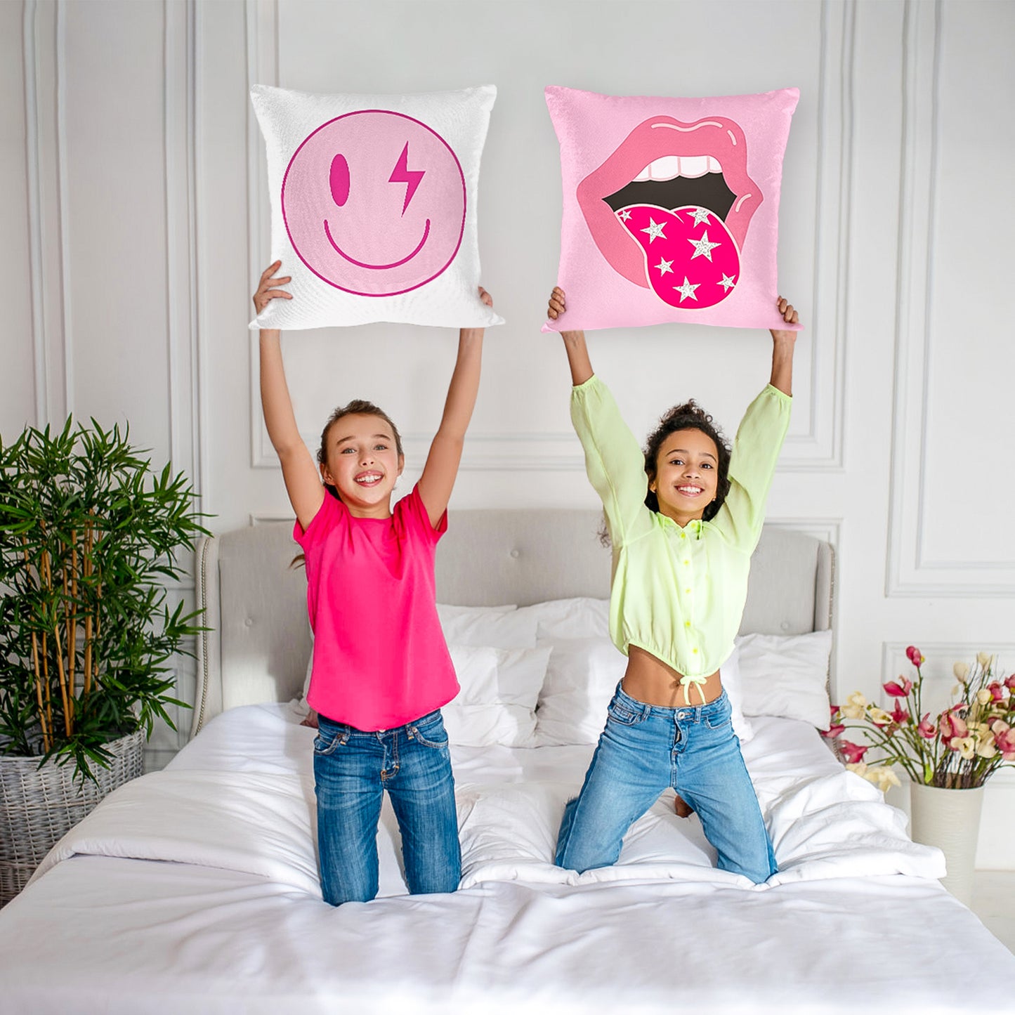 LieToi 2Pcs Preppy Velvet Pillow Covers Soft Hot Pink and White Square Cushion Case Covers Printed with Smile Lip Pattern Room Aesthetic Decor Pillow Cases for Dormitory Sofa Home Car 18 x 18 Inch