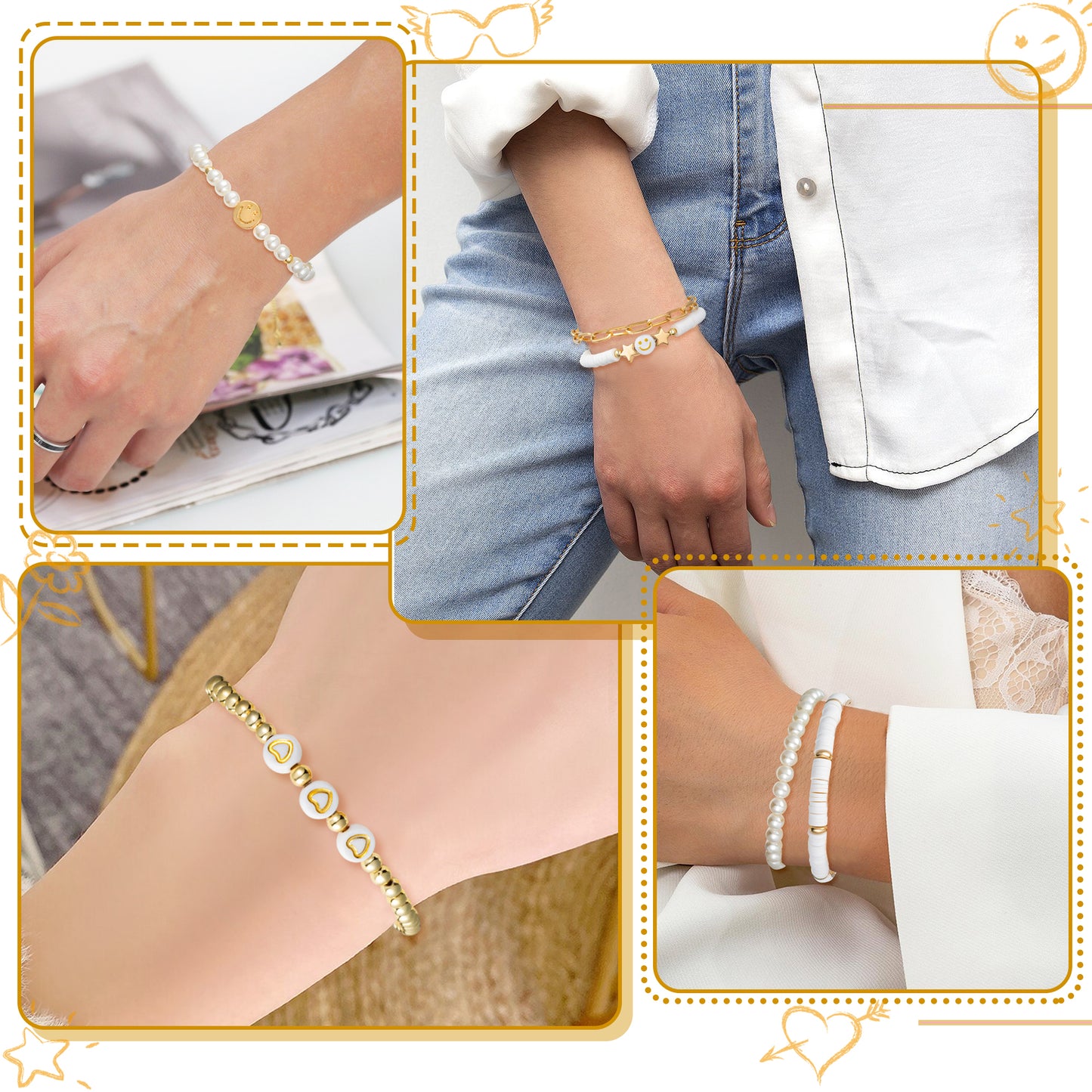 LieToi 7Pcs Preppy Heishi Bracelets Kit White Gold Smile Heart Star Beaded Surfer Bracelets Polymer Clay Pearl Stackable Disc Summer Beach Layering Bracelets Y2K Stretch Boho Jewelry for Women Girls
