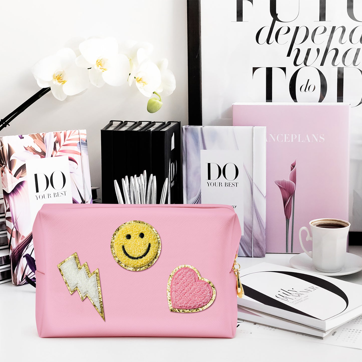 LieToi Preppy Patch Cosmetic Toiletry Bag, PU Leather Portable Waterproof Makeup Bag Smile Lightning Heart Organizer Compliant Bag Daily Travel Use Storage Purse for Women Girls (Large, Pink)