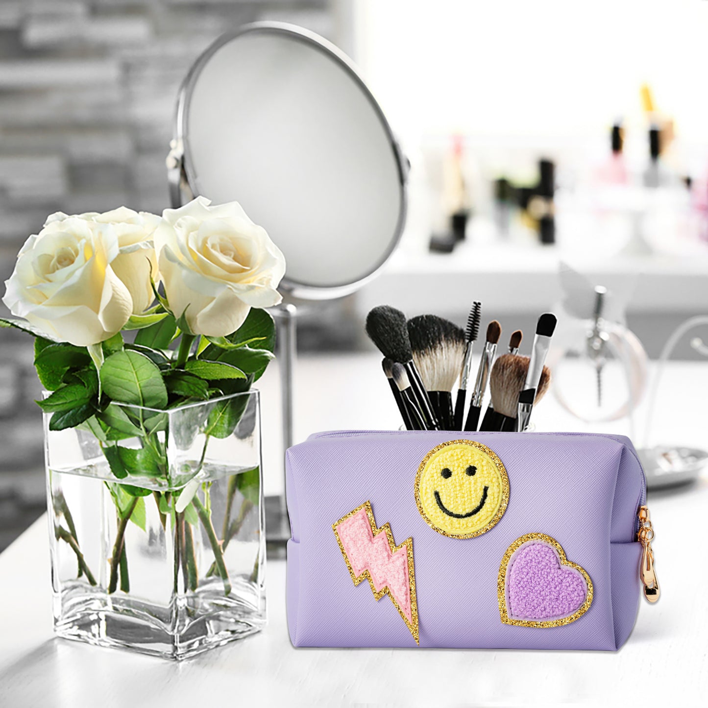 LieToi Preppy Patch Small Toiletry Bag, Smile Lightning Heart PU Leather Portable Waterproof Makeup Cosmetic Bag Daily Use Storage Purse Travel Organizer Compliant Bag for Women Girls (Taro Purple)