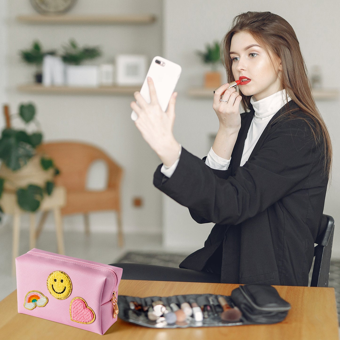 LieToi Preppy Patch Small Toiletry Bag, Smile Rainbow Heart PU Leather Portable Waterproof Makeup Cosmetic Bag Daily Use Storage Purse Travel Organizer Compliant Bag for Women Girls (Light Pink)