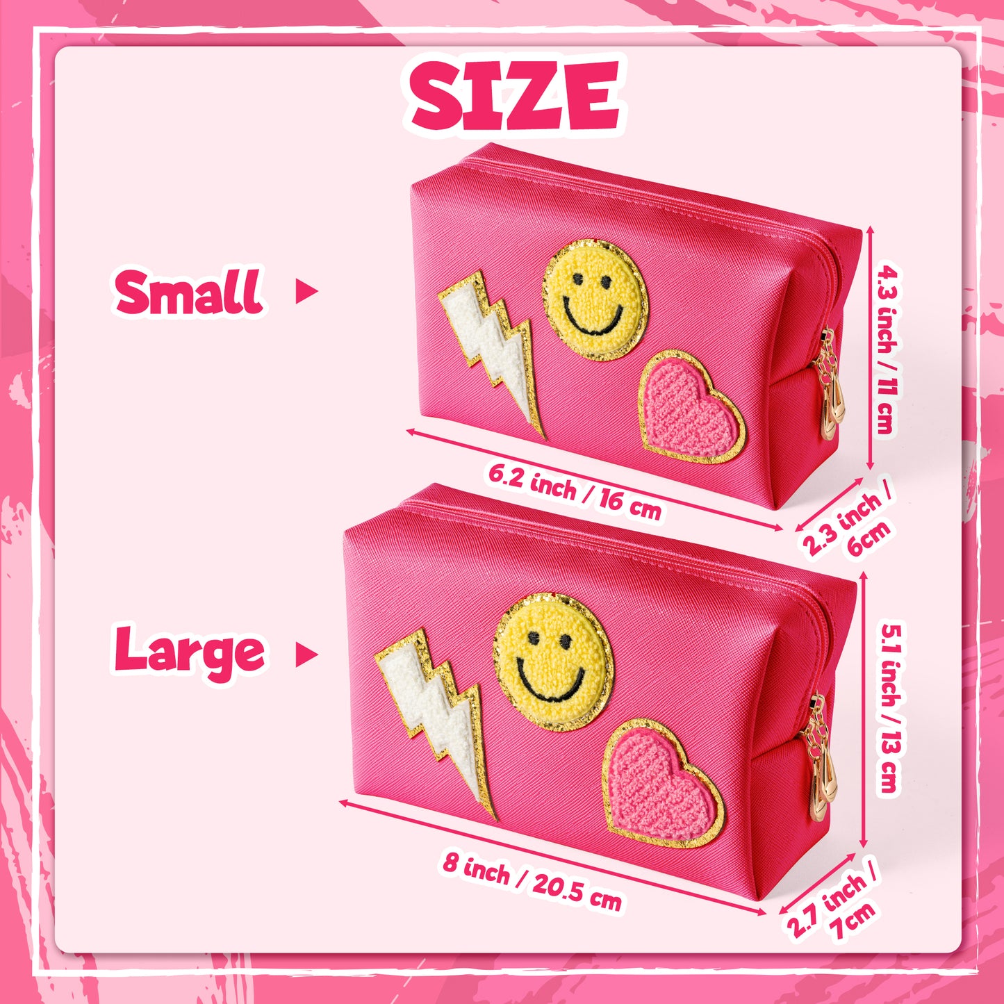 LieToi Preppy Patch Cosmetic Toiletry Bag, PU Leather Portable Waterproof Makeup Bag Smile Lightning Heart Organizer Compliant Bag Daily Travel Use Storage Purse for Women Girls (Large, Rose Red)