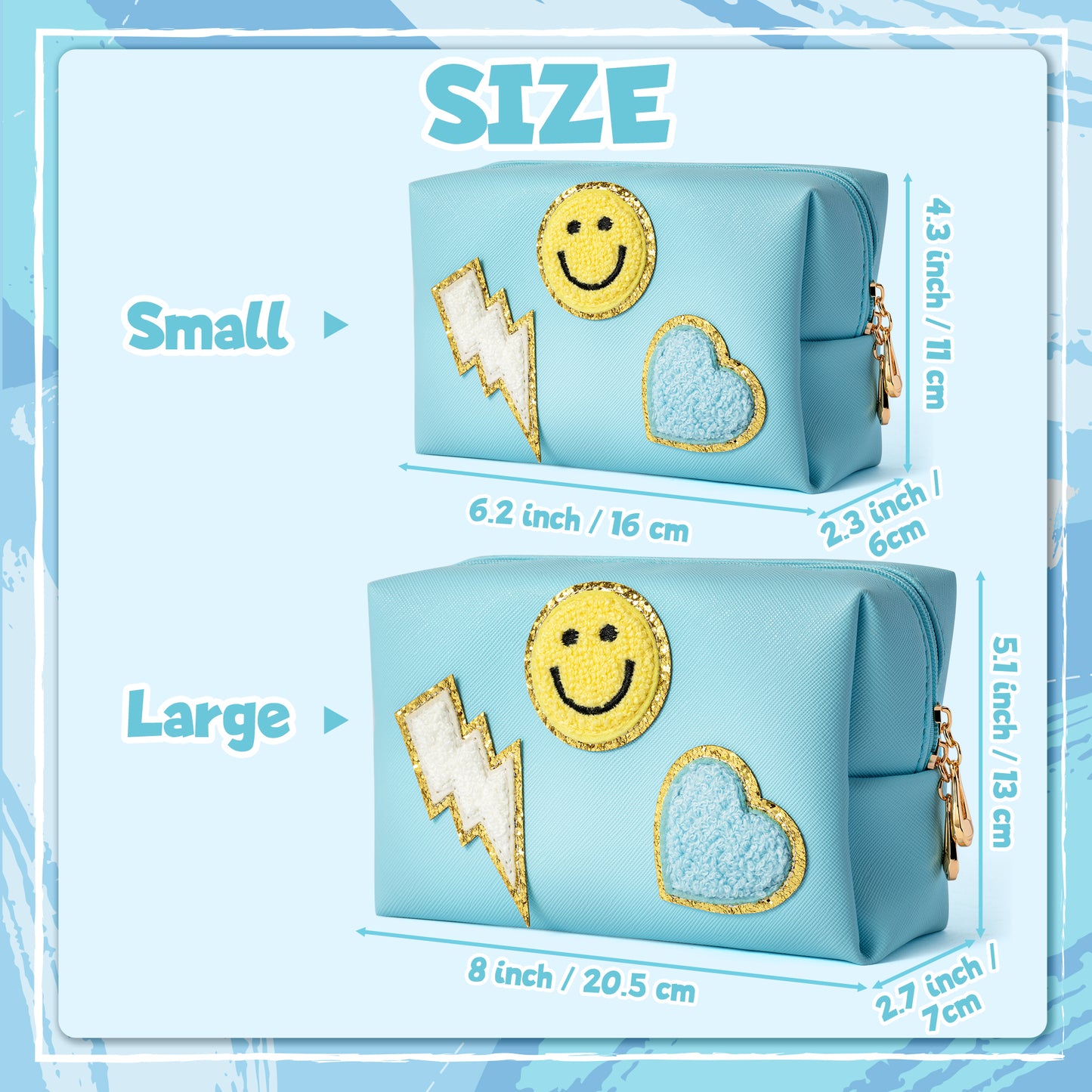LieToi Preppy Patch Cosmetic Toiletry Bag, PU Leather Portable Waterproof Makeup Bag Smile Lightning Heart Organizer Compliant Bag Daily Travel Use Storage Purse for Women Girls (Large, Canal Blue)