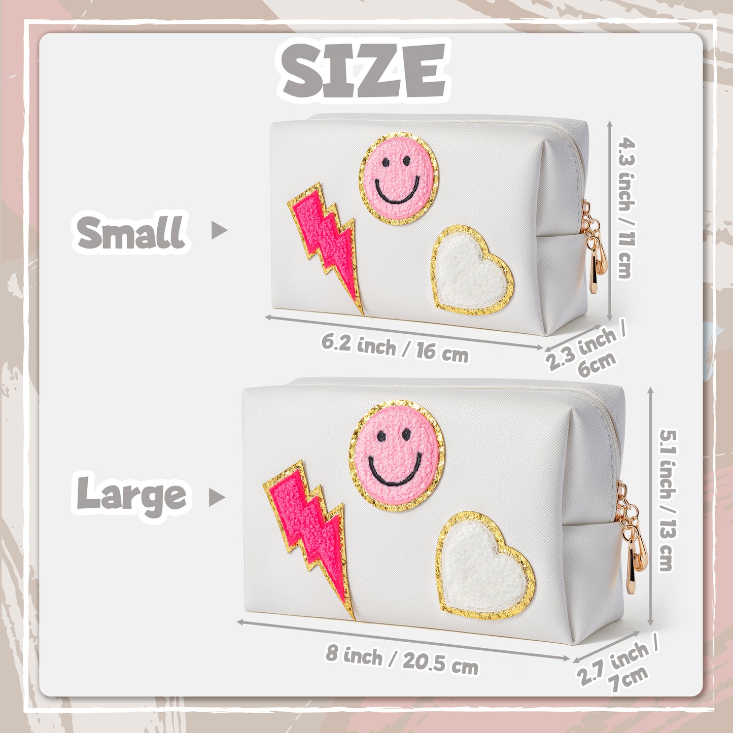 LieToi Preppy Patch Cosmetic Toiletry Bag, PU Leather Portable Waterproof Makeup Bag Smile Lightning Heart Organizer Compliant Bag Daily Travel Use Storage Purse for Women Girls (Large, White)
