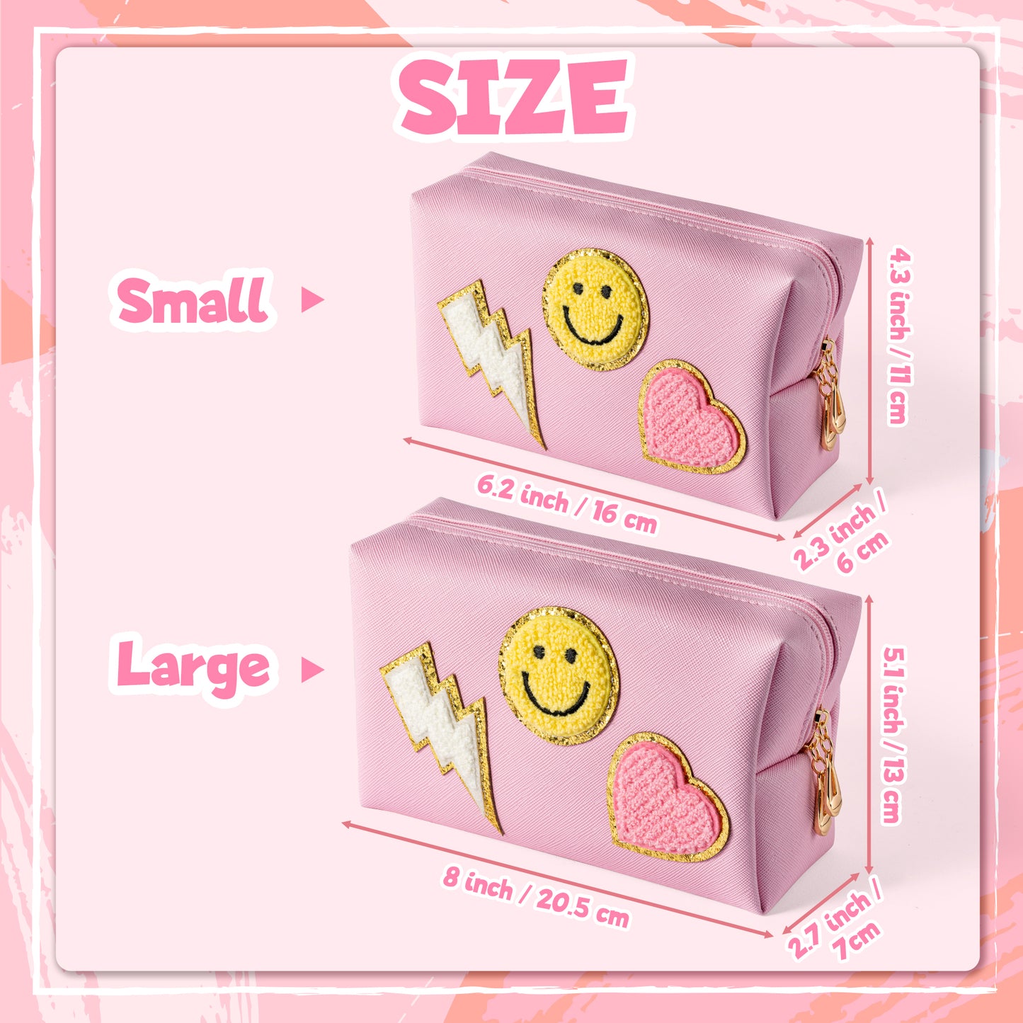 LieToi Preppy Patch Cosmetic Toiletry Bag, PU Leather Portable Waterproof Makeup Bag Smile Lightning Heart Organizer Compliant Bag Daily Travel Use Storage Purse for Women Girls (Large, Pink)