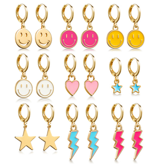 LieToi 9 Pairs Preppy Earrings Pack with Colorful Happy Smile Lightning Bolt Heart Star Charms Pendants Gold Small Huggie Hoop Dangle Earrings Trendy Y2K Preppy Jewelry Gifts for Teen Girls Women