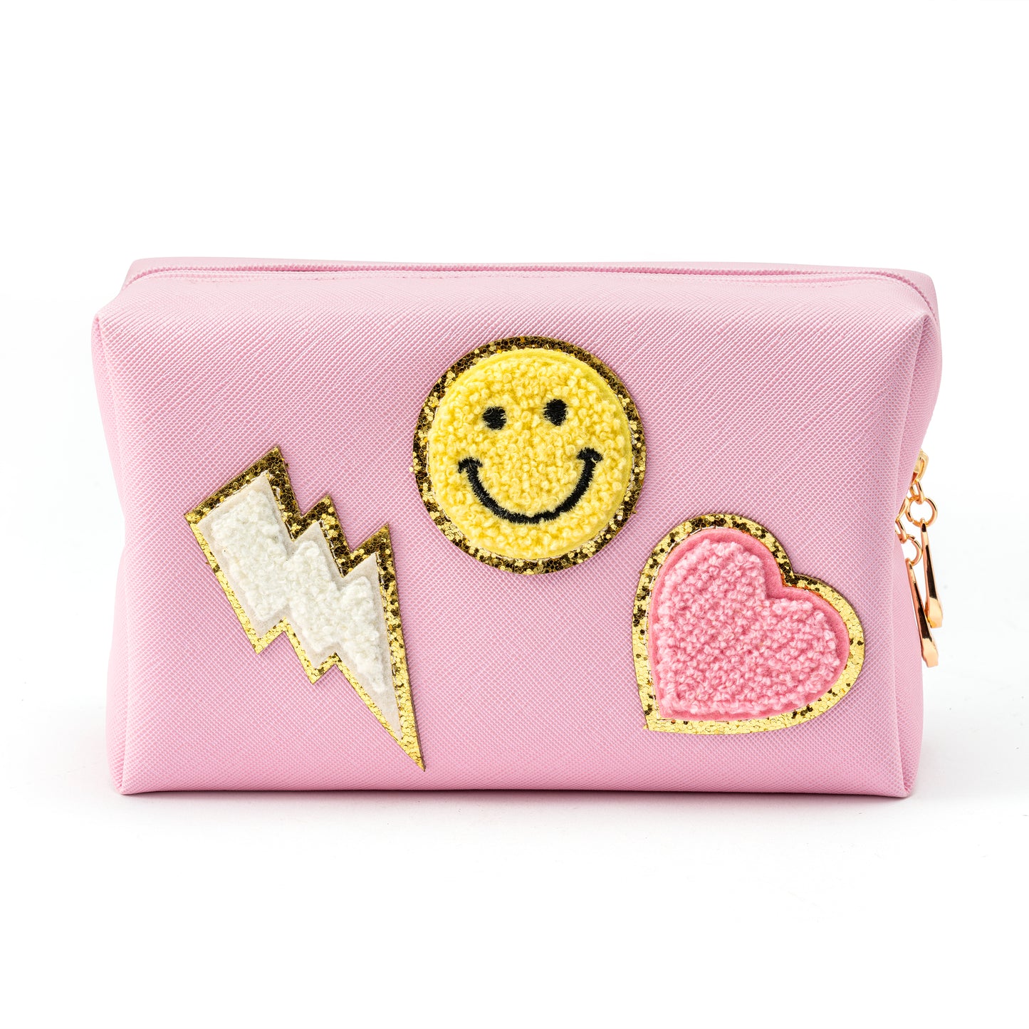 LieToi Preppy Patch Small Toiletry Bag Smile Lightning Heart PU Leather Portable Waterproof Makeup Cosmetic Bag Daily Use Storage Purse Travel Organizer Compliant Bag for Women Girls Gift (Pink)