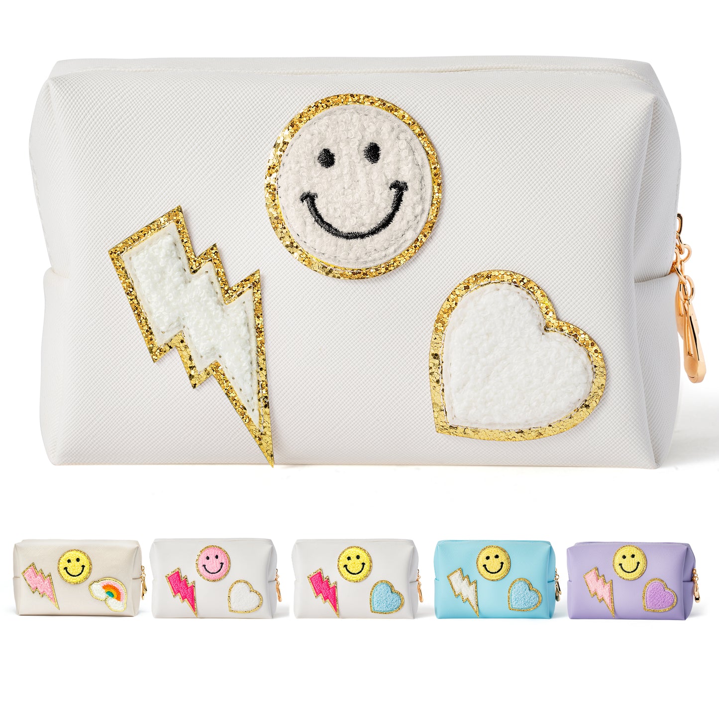LieToi Preppy Patch Small Toiletry Bag, Smile Lightning Heart PU Leather Portable Waterproof Makeup Cosmetic Bag Daily Use Storage Purse Travel Organizer Compliant Bag for Women Girls (Pure White)