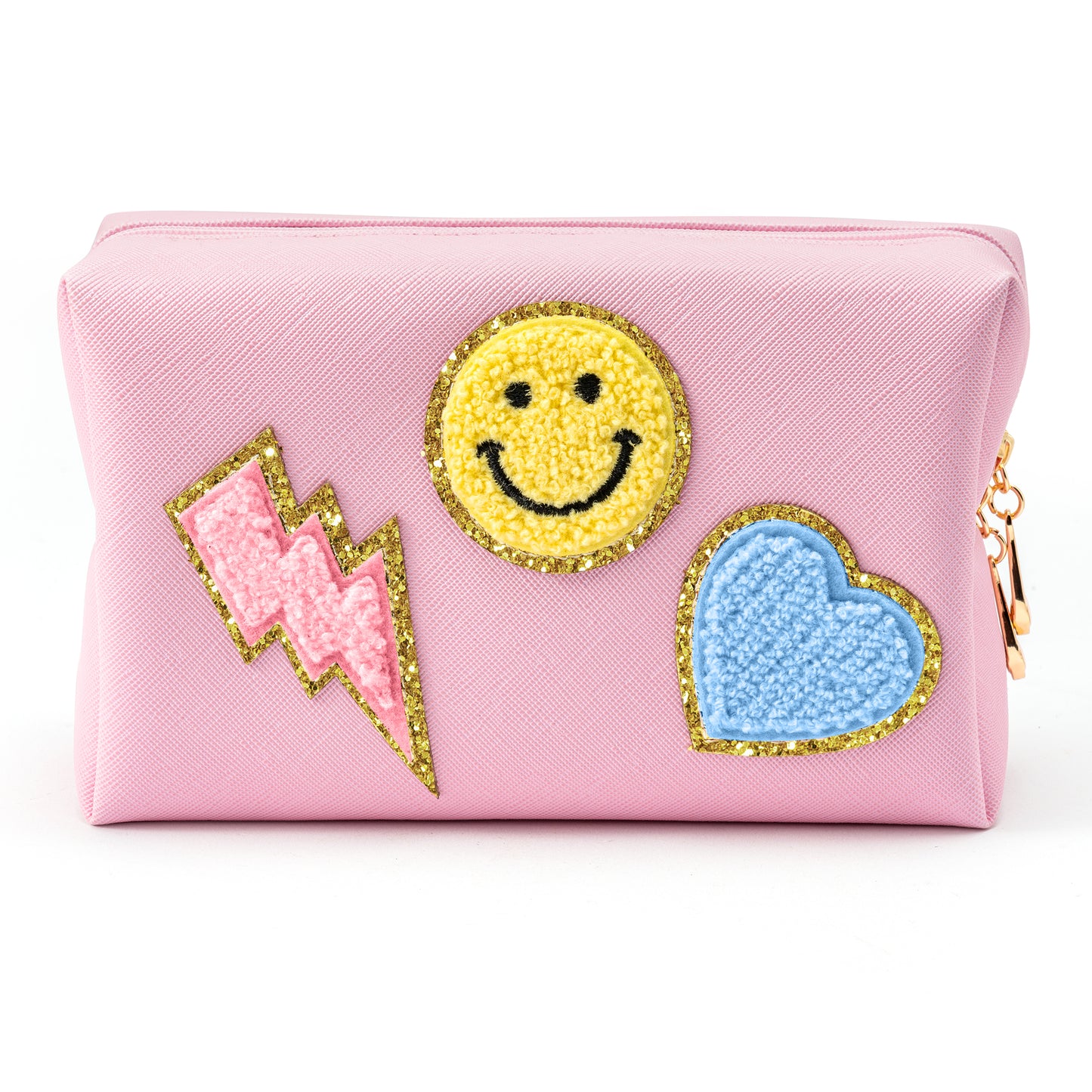 LieToi Preppy Patch Small Toiletry Bag, Smile Lightning Heart PU Leather Portable Waterproof Makeup Cosmetic Bag Daily Use Storage Purse Travel Organizer Compliant Bag for Women Girls (Blue Heart)