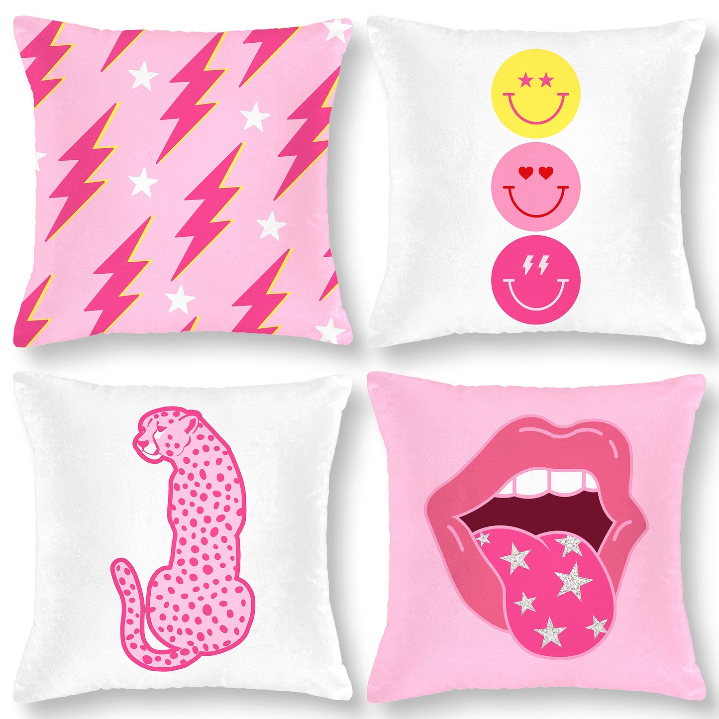 LieToi 4Pcs Preppy Velvet Pillow Covers Soft Hot Pink and White Square Cushion Case Covers Smile Lip Leopard Lightning Bolt Pattern Room Aesthetic Decor Pillow Cases for Dormitory Sofa 18 x 18 Inch