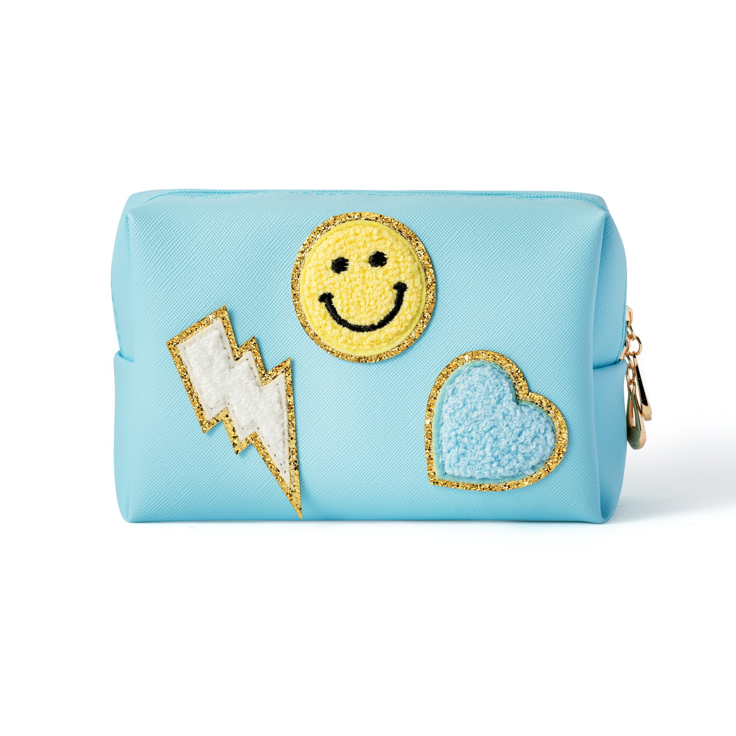 LieToi Preppy Patch Small Toiletry Bag, Smile Lightning Heart PU Leather Portable Waterproof Makeup Cosmetic Bag Daily Use Storage Purse Travel Organizer Compliant Bag for Women Girls (Canal Blue)