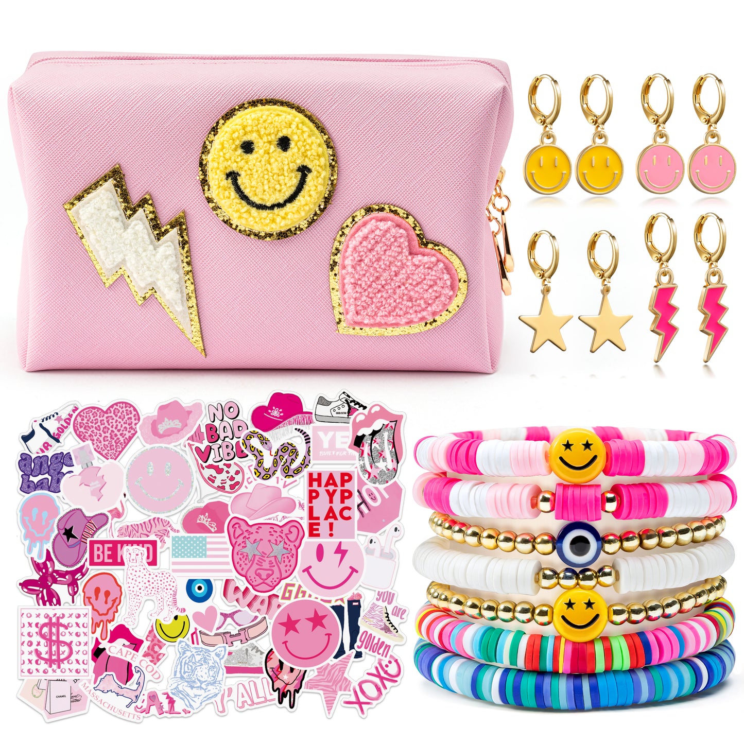 LieToi 64Pcs Preppy Stuff Set Smile Heart Patch Pink Toiletry Cosmetic Bag Heishi Surfer Bracelets Cute Small Hoop Dangle Earrings Aesthetic Preppy Style Stickers Decals Gifts for Girls Yourself