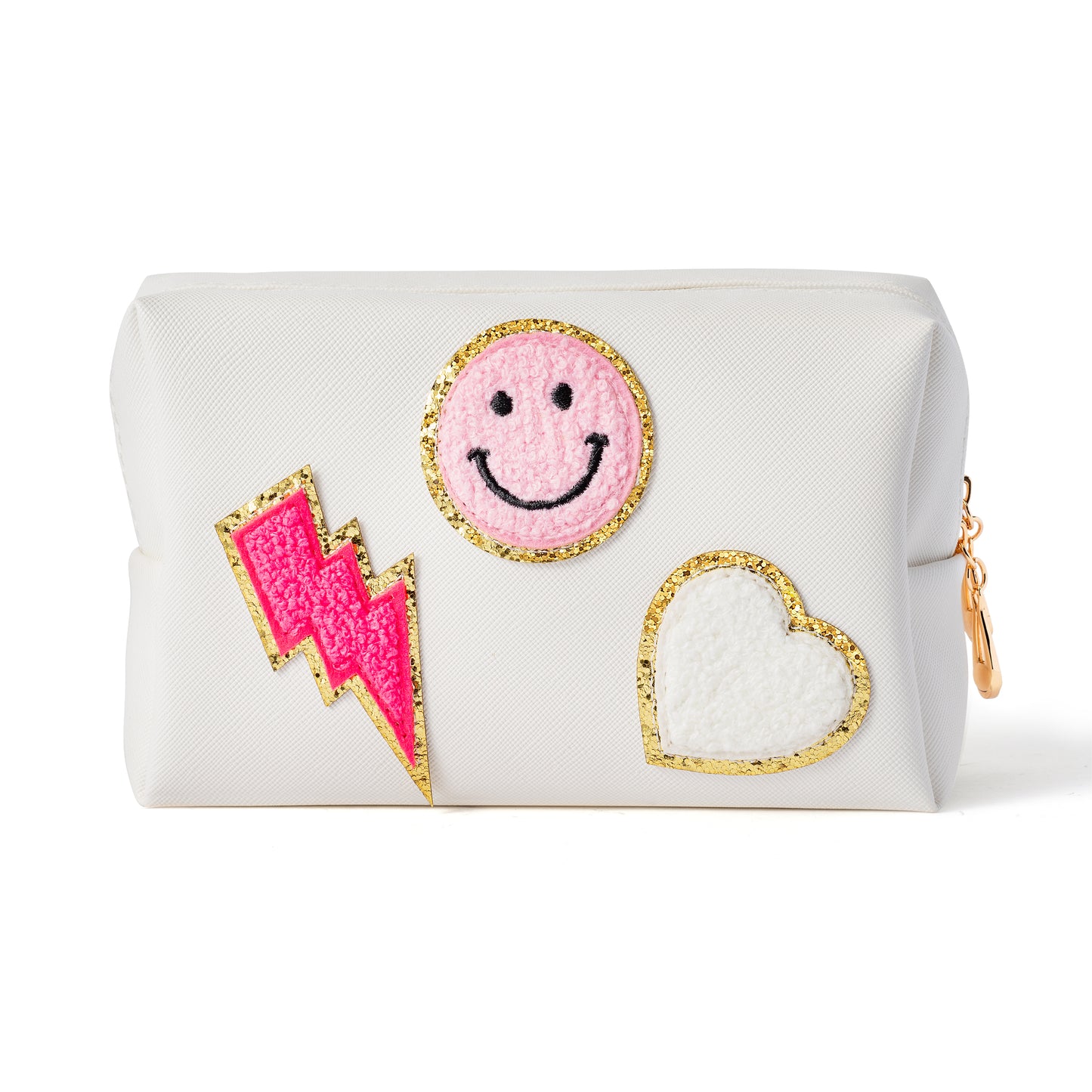 LieToi Preppy Patch Small Toiletry Bag, Smile Lightning Heart PU Leather Portable Waterproof Makeup Cosmetic Bag Daily Use Storage Purse Travel Organizer Compliant Bag for Women Girls Gift (White)