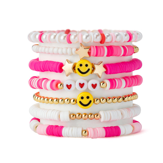 LieToi 7Pcs Preppy Heishi Bracelets Kit Hot Pink Smile Heart Star Beaded Surfer Bracelets Polymer Clay Pearl Stackable Disc Summer Beach Layering Bracelets Y2K Stretch Boho Jewelry for Women Girls