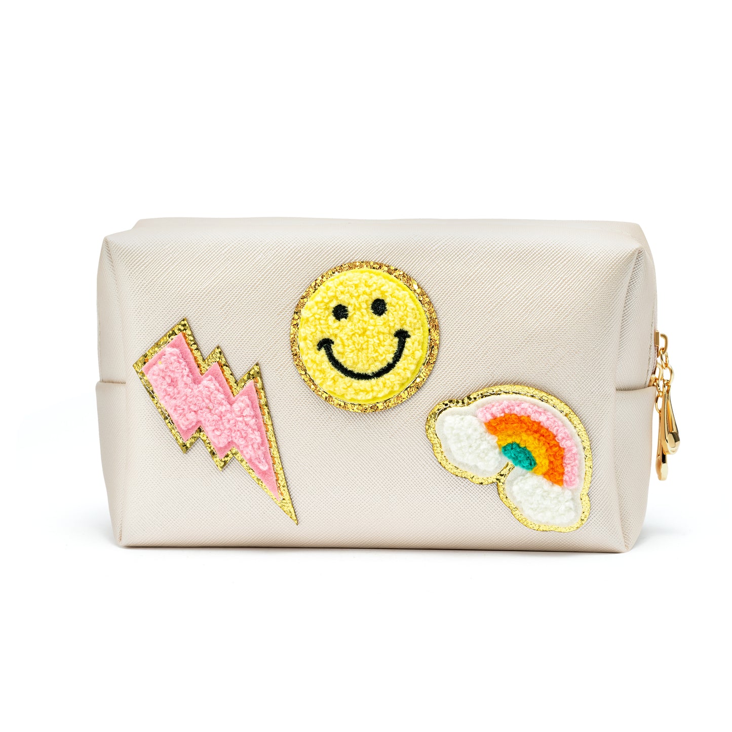 LieToi Preppy Patch Small Cosmetic Toiletry Bag Smile Rainbow Lightning PU Leather Waterproof Portable Cosmetic Makeup Bag Travel Organizer Pouch for Toiletries Storage Women Girls Gift (Shell White)