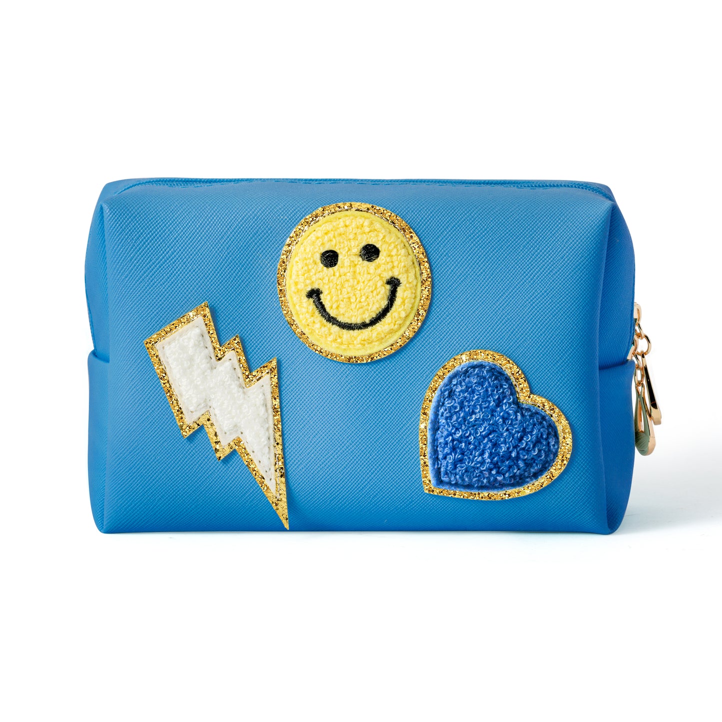 LieToi Preppy Patch Small Toiletry Bag, Smile Lightning Heart PU Leather Portable Waterproof Makeup Cosmetic Bag Daily Use Storage Purse Travel Organizer Compliant Bag for Women Girls (Bright Blue)