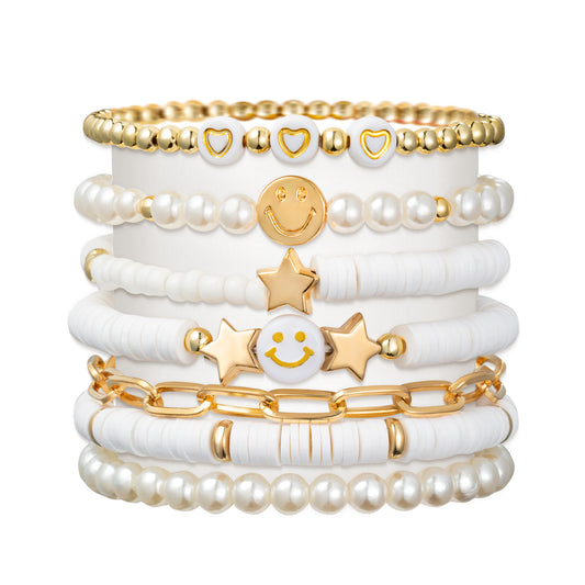 LieToi 7Pcs Preppy Heishi Bracelets Kit White Gold Smile Heart Star Beaded Surfer Bracelets Polymer Clay Pearl Stackable Disc Summer Beach Layering Bracelets Y2K Stretch Boho Jewelry for Women Girls